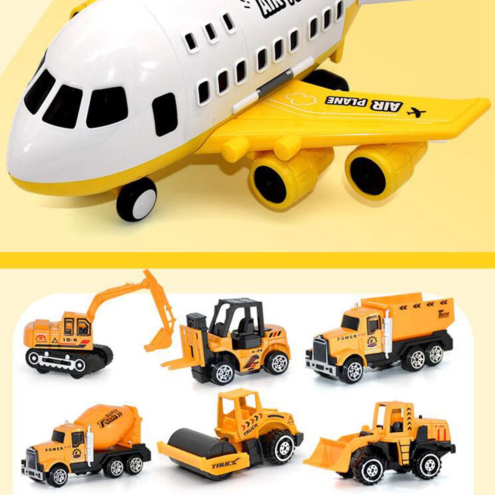 Juego de Avión de Juguete para Niños con Contenedor de Almacenamiento Y Pista de Inercia, Yellow_6 vehículos de construcción