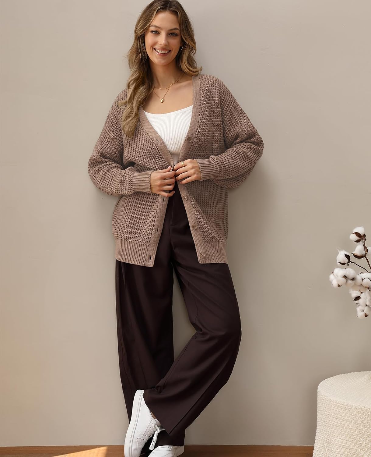 QUALFORT Cardigan Sweaters for Women 100% Cotton Button-Down Oversized Knit Outerwear Fall Tops for Women 2026 - Image 7