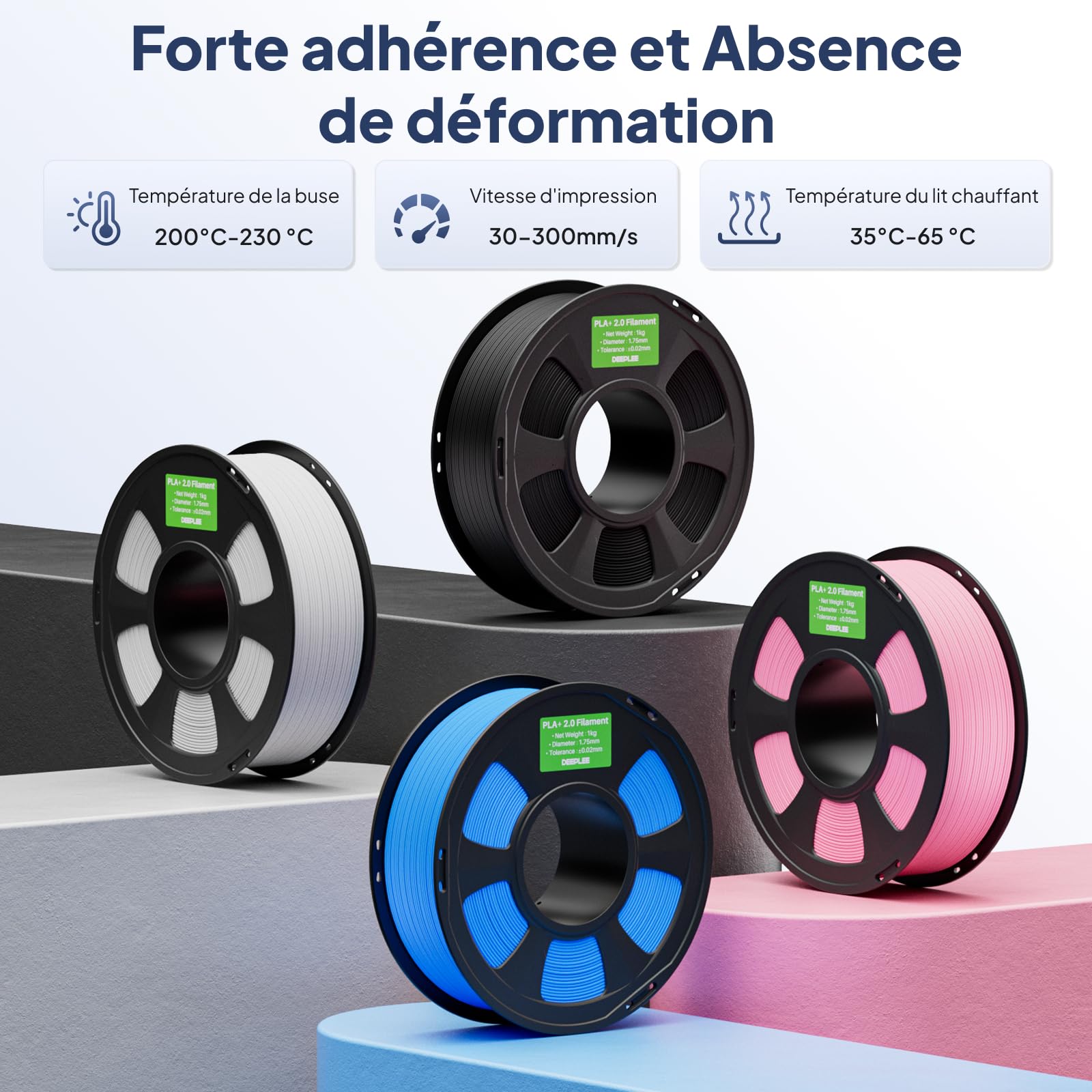 DEEPLEE Filament PLA Plus 1.75 mm Noir et Gris 4kg 4 Bobines pour Imprimantes 3D FDM