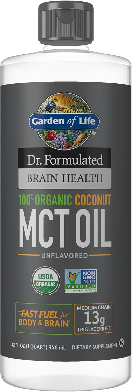 Garden of Life Dr. Formulated Brain Health 100% Organic Coconut MCT Oil 32 fl oz Unflavored, 13g MCTs, Body & Brain Fuel, Certified Non-GMO Vegan & Gluten Free, Hexane-Free