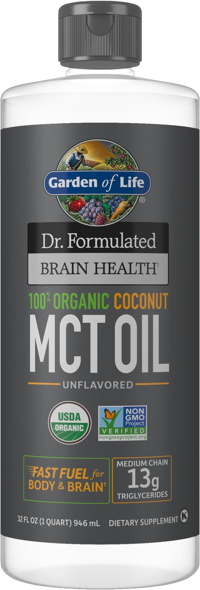 Garden of Life Dr. Formulated Brain Health 100% Organic Coconut MCT Oil 32 fl oz Unflavored, 13g MCTs, Keto & Paleo Diet Friendly Body & Brain Fuel, Certified Non-GMO Vegan & Gluten Free, Hexane-Free