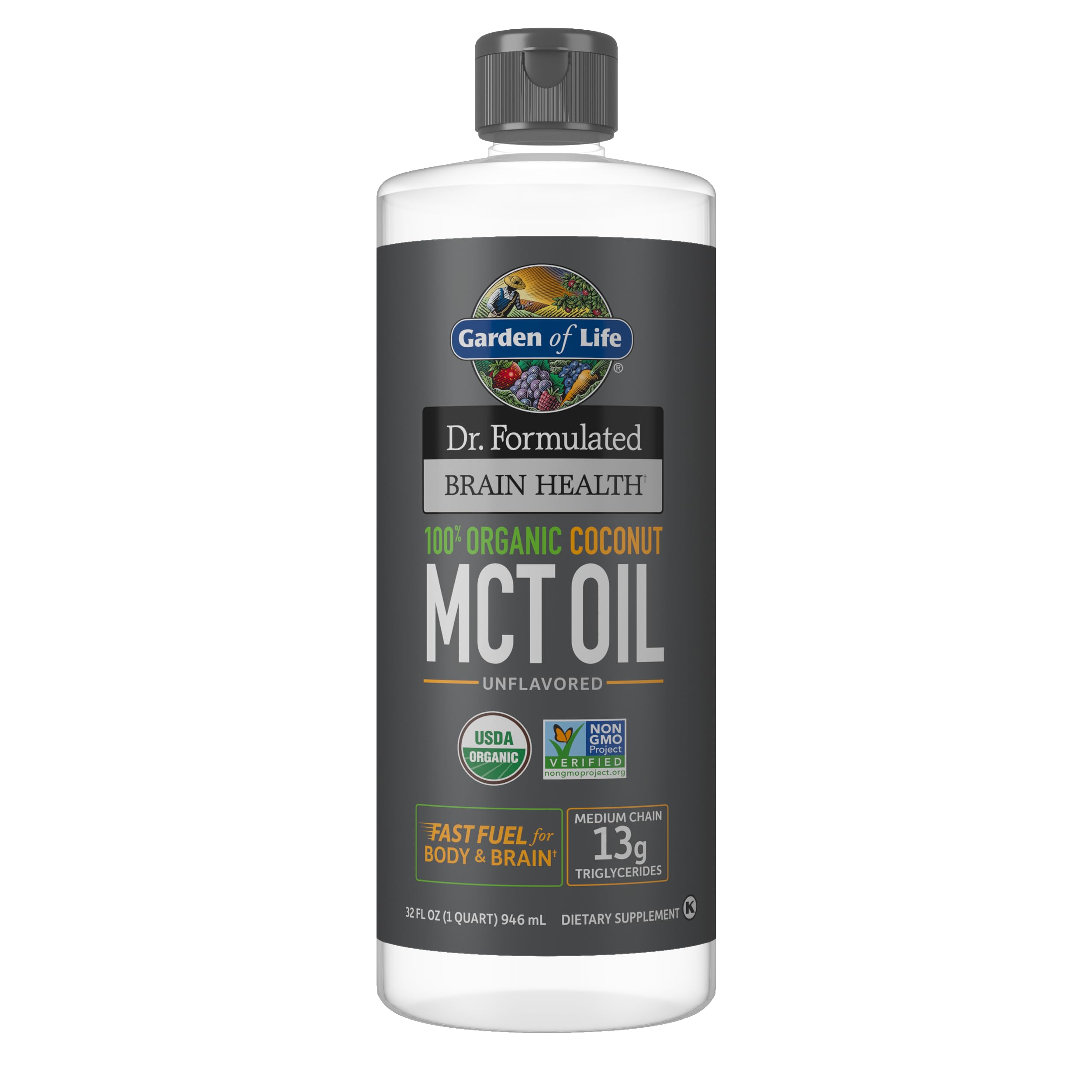 Garden of Life Dr. Formulated Brain Health 100% Organic Coconut MCT Oil 32 fl oz Unflavored, 13g MCTs, Keto & Paleo Diet Friendly Body & Brain Fuel, Certified Non-GMO Vegan & Gluten Free, Hexane-Free