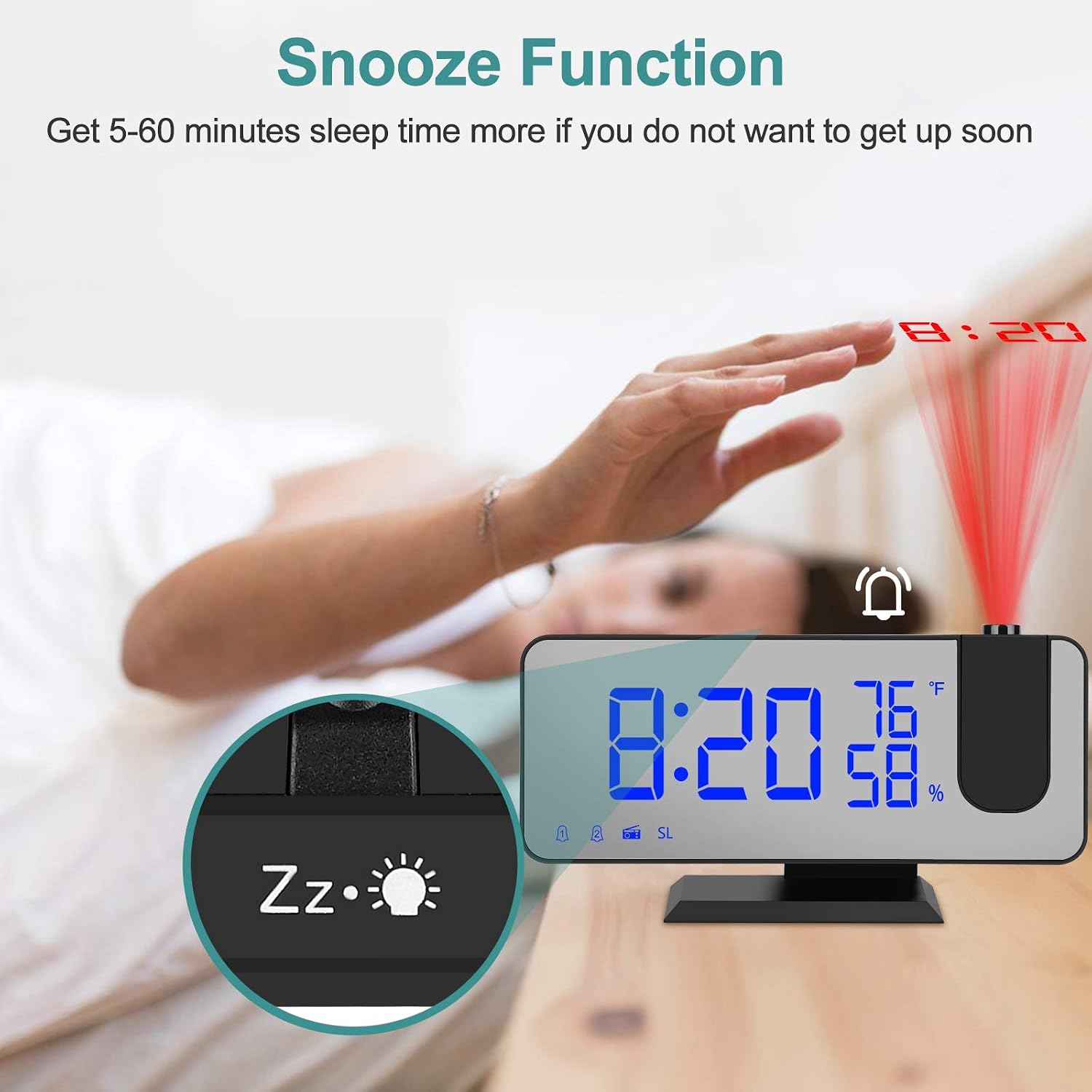 Projection Alarm Clock for Bedroom, Large 7.4” LED Display Ceiling Digital Radio Alarm Clock with USB Charger and Dual Alarm, 3 Dimmer Thermometer Temperature Monitor for Kid Elderly Heavy Sleeper