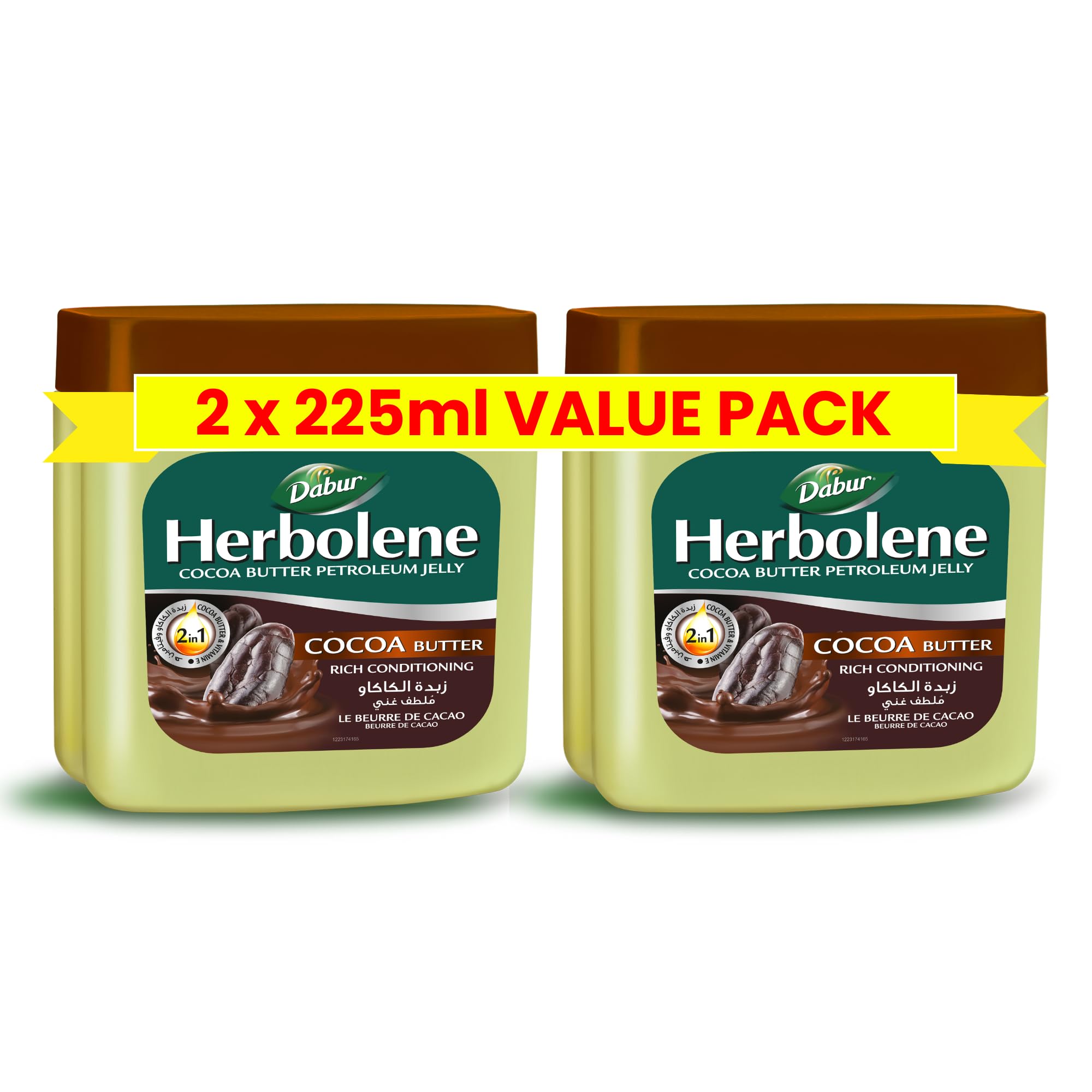 Dabur Herbolene Cocoa Butter Petroleum Jelly (2 x 225 ml) | Enriched with Cocoa Butter and Vitamin E | For Repairing Dry Rough Skin & Chapped Lips |