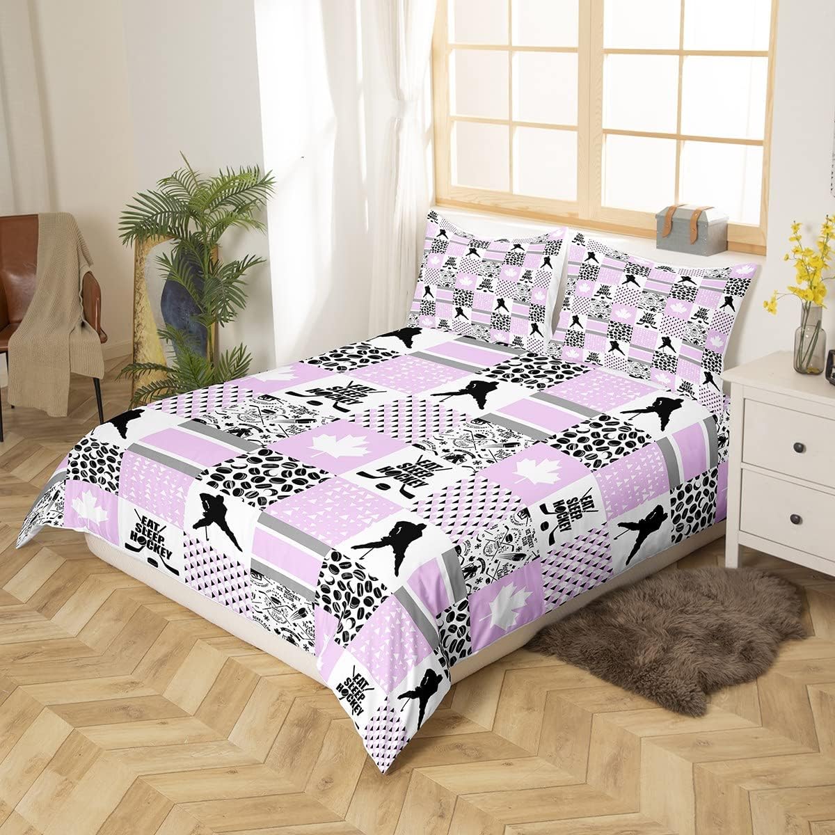 Ice Hockey Bedding Set Buffalo Plaid Decor,Pucks Sports Ball Games Duvet Cover Twin Gifts for Girls,Extreme Sport Comforter Cover for Hockey Player,Maple Leaf Quilt Cover Canadian Flag Decor Pink image 2