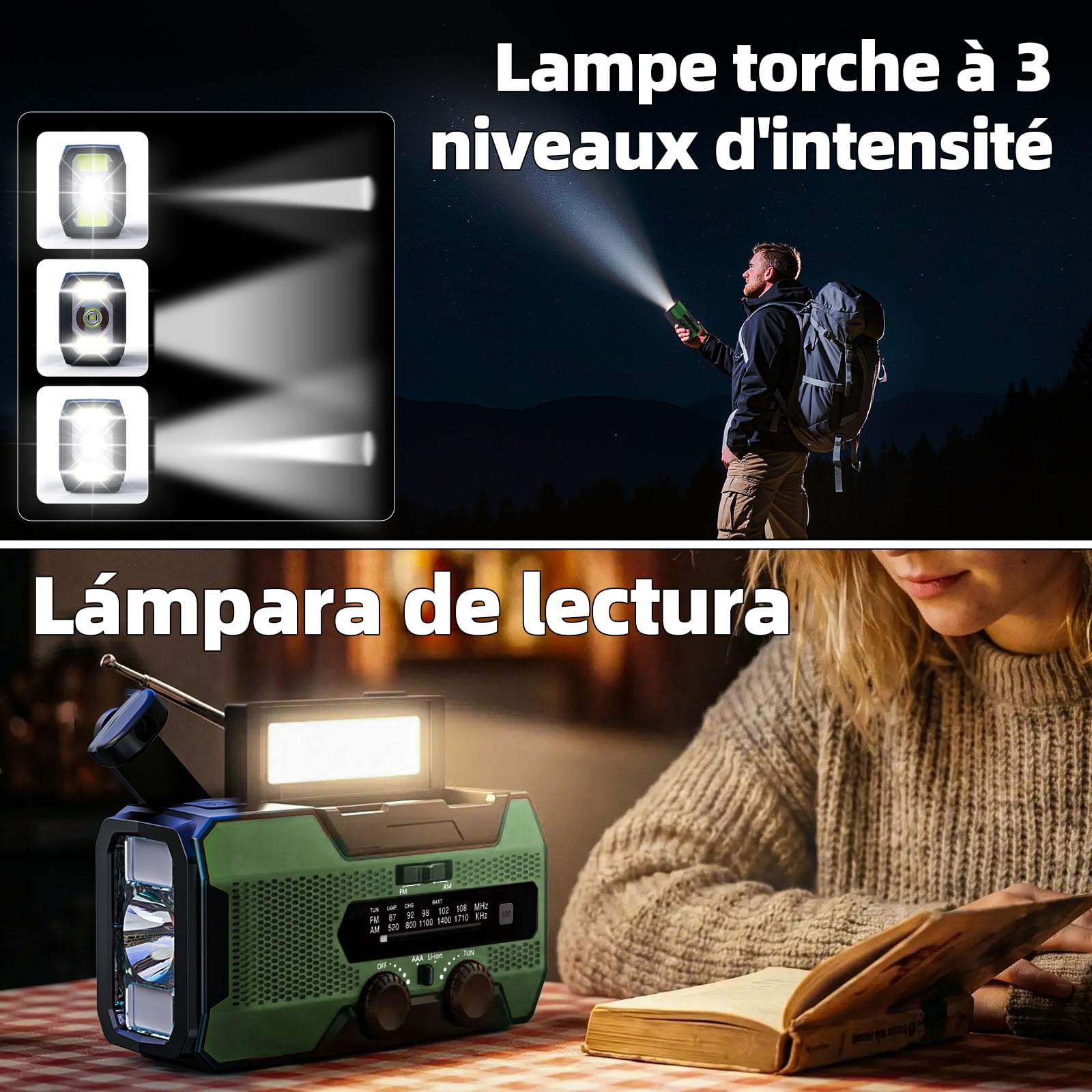 SOLARBABY A1 Radio a manovella, Radio Solare Portatile con 10000mAh Powerbank, AM/FM Radio di Emergenza Solare con Torcia Luce di Lettura Allarme SOS USB per Emergenze Blackout Campeggio, Verde