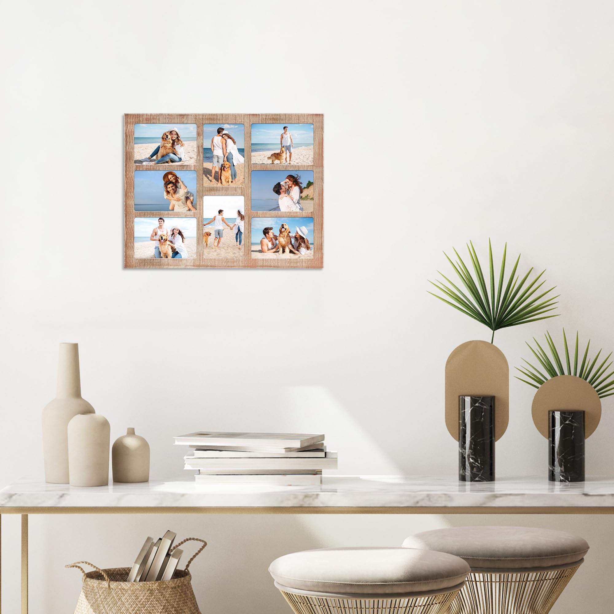 YESKAY Cornice portafoto per collage, 10 x 15 cm, 8 aperture, 10 x 15 cm, cornici multiple per collage di famiglia, con vero vetro, per decorazione da parete, marrone rustico, confezione da 1 (OD: 33