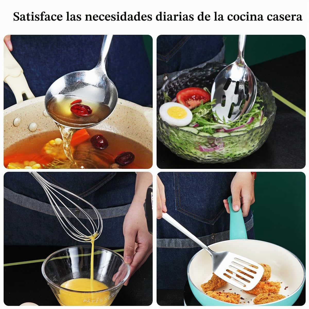 Juego de utensilios de cocina de acero inoxidable 40 piezas con soporte para utensilios, utensilios de cocina elementos esenciales, juego de espátula de metal