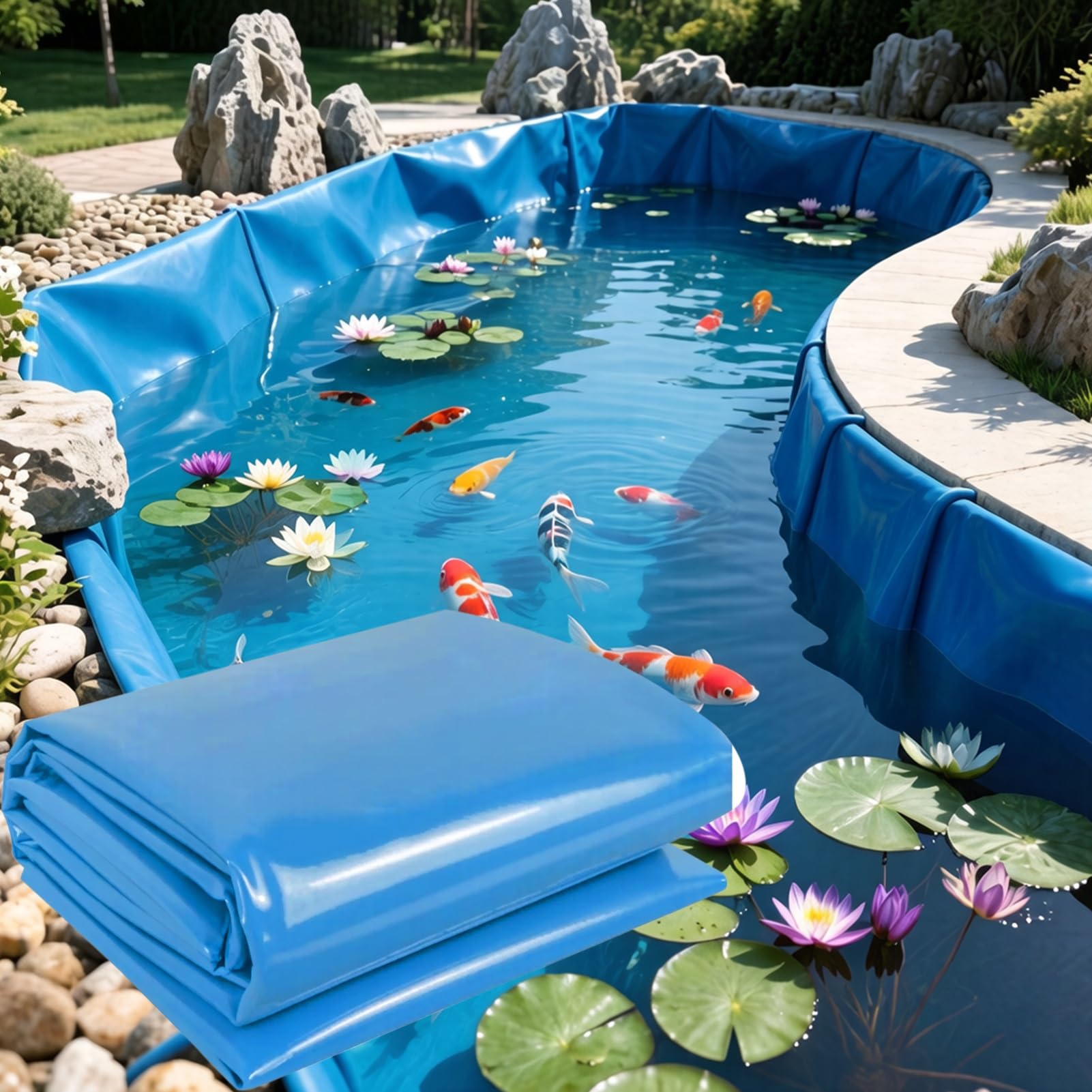JNTFNE 2x3m 4x4m 5x8m 6x7m 8x12m HDPE Fish-safe Pond Liner for Koi Pool Fish Ponds Blue 0.16mm Thick Flexible Membrane Tarp - UV Resistant(6x8m(19.7x26.2ft))