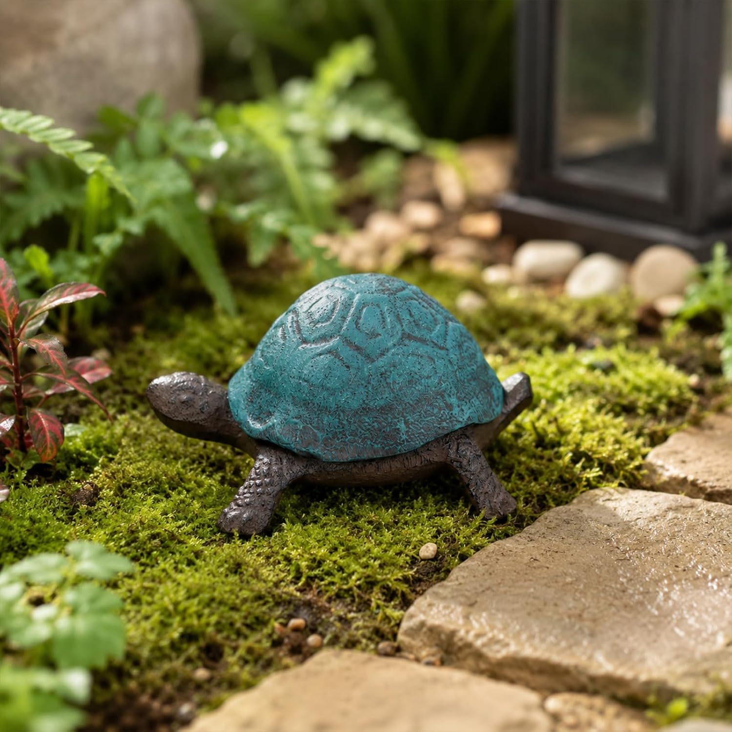 Cast Iron Turtle Key Hider for Outside - Waterproof Spare Key Hider to Hide a Key Securely - Unique Garden Decor for Yard, Patio & Outdoor Areas (Cute vintage blue, Standard)