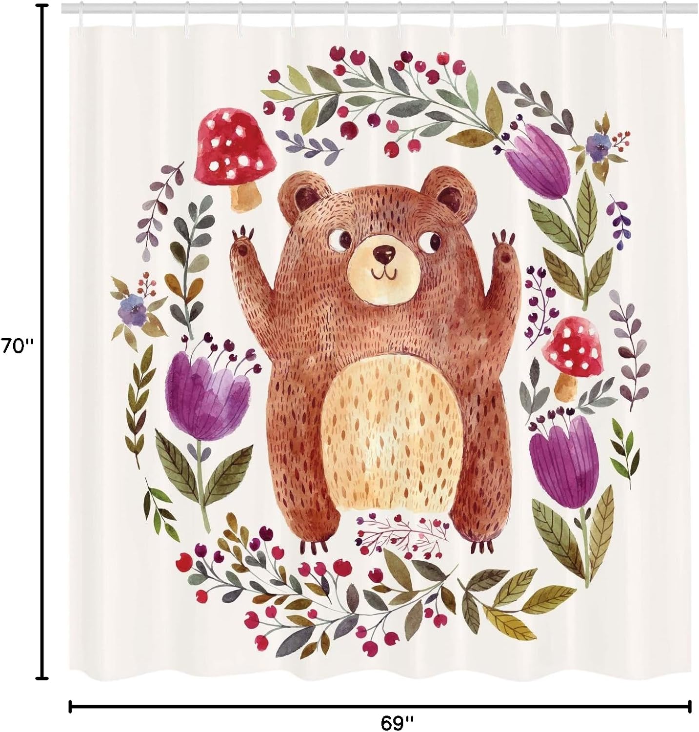 Ambesonne Watercolor Flower Shower Curtain, Illustration of a Happy Little Bear in The Frame of Flowers Wreath with Mushrooms Art, Cloth Fabric Bathroom Set with Hooks, 69" W x 70" L, Purple Green