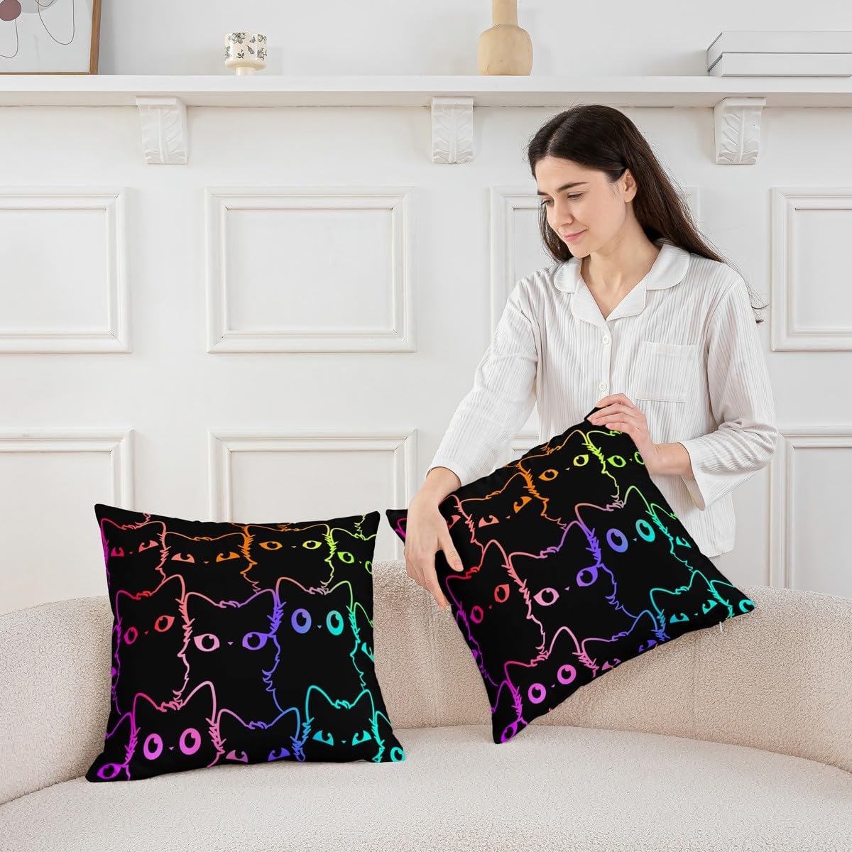 Gradient Line Cat Throw Pillow Covers Pack of 2,Cute Pet Cushion Cover for Kids Girls Boys Colorful Pillow Cases Cartoon Living Room Sofa Bed Decor,16" Lx16 W image 3