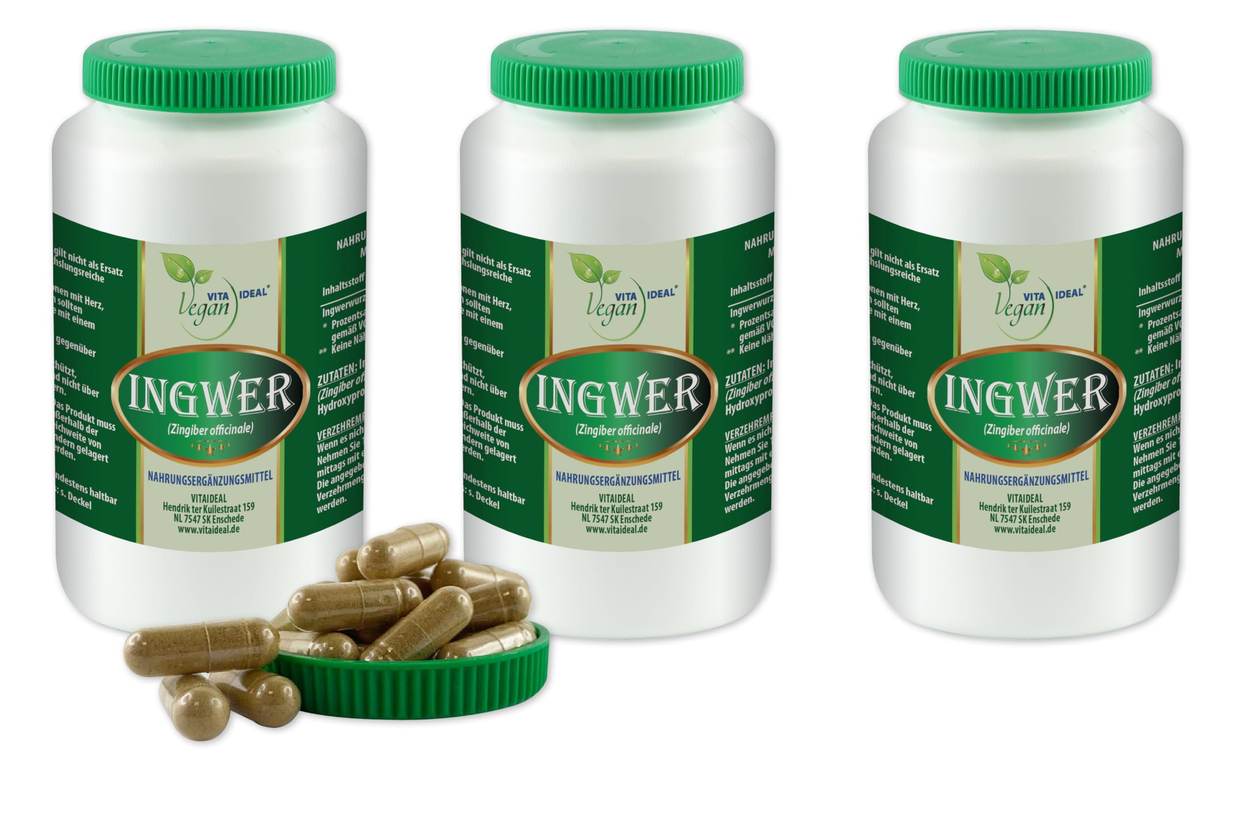 VITA IDEAL Vegan® INGWER - Wurzel 3x 360 KAPSELN - Zingiber officinale - Imbir - Tagesportion 960mg INGWERWURZEL reines Pulver. Pflanzlich, natürlich & ohne Zusatzstoffe