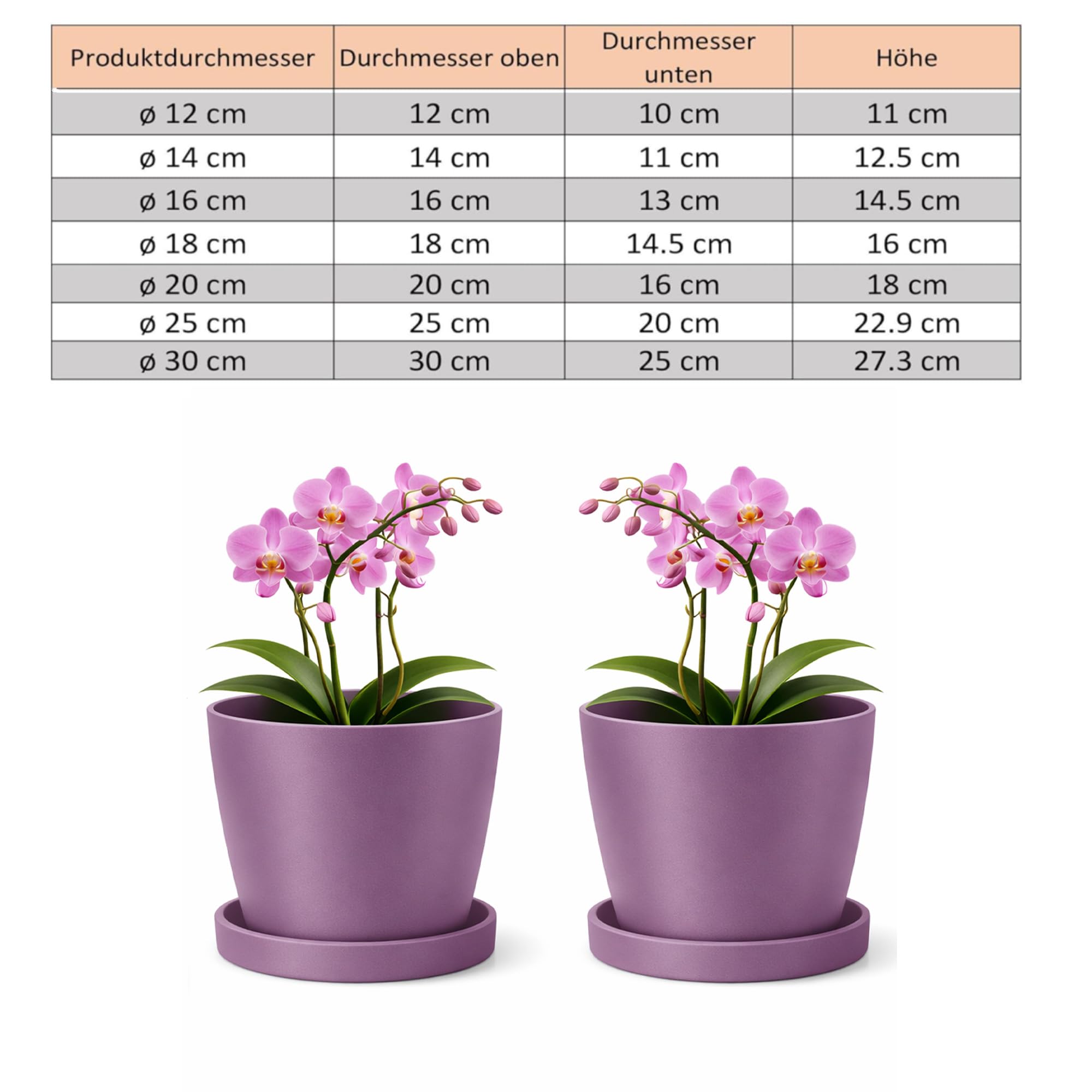 Maceta mate, cubierta de plástico, maceta decorativa para plantas de cualquier tamaño, juego de 2 macetas con platillos, maceta para hierbas, púrpura, ø 30 cm