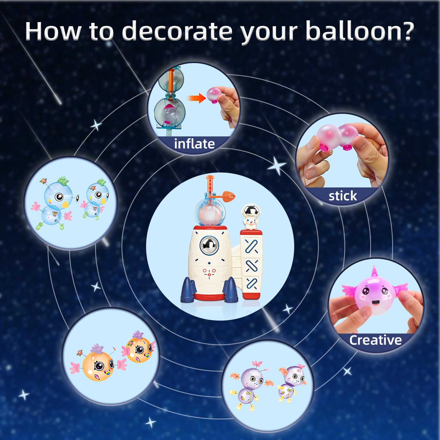 Kit de manualidades de globos mágicos espaciales, 160 globos de cohete espacial con lanzador de bomba, accesorios adhesivos de amigos monstruos, globos inflables decorados, actividad creativa