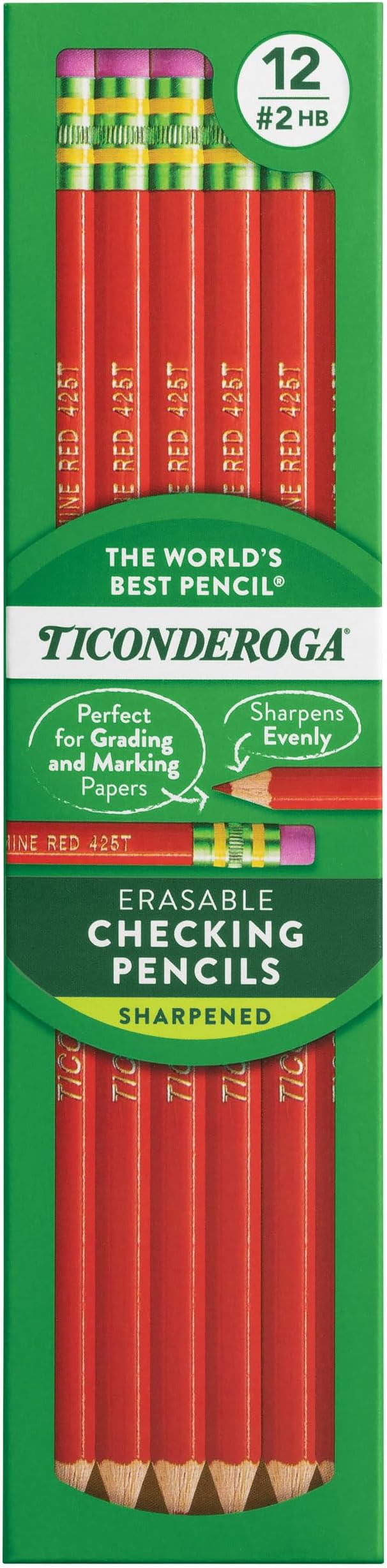 Ticonderoga Erasable Checking Wood-Cased Pencils, Pre-Sharpened, Red, 12 Count