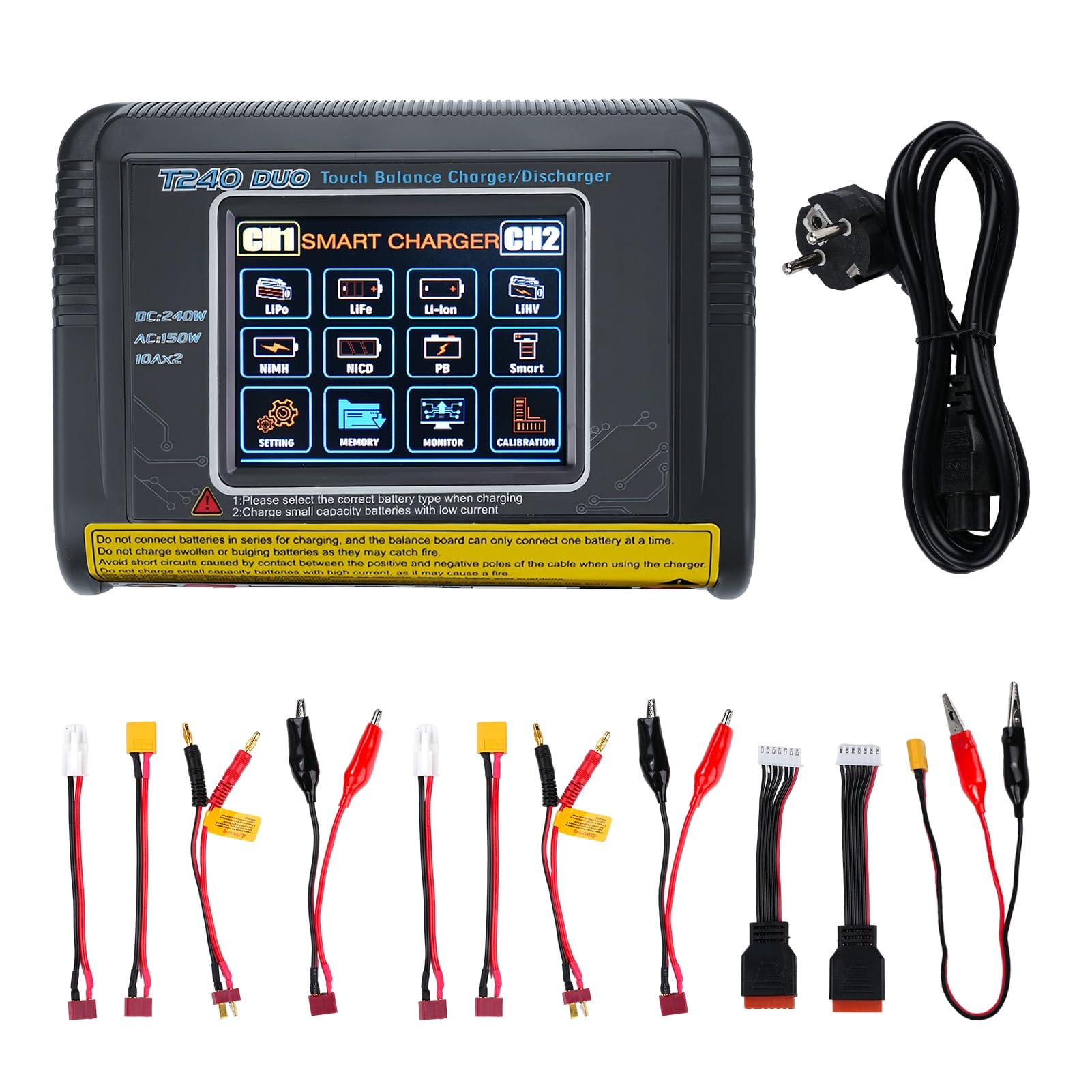 Jadeshay LiPo Ładowarka dwukanałowa AC150W DC240W 10A Cyfrowy ekran dotykowy LCD Ładowarka i rozładunek z kablem DC AC i kablami ładującymi do akumulatorów LiPo Lilon LiFe NiMH NiMH NiCd PB NiMH