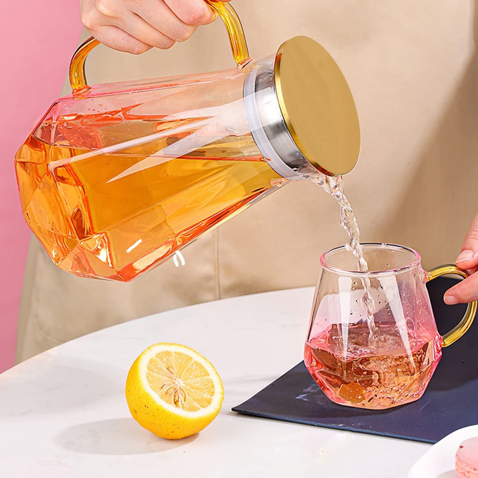 LUCBEI Dzbanek Kreatywny Szklany Zestaw Czajników Wodnych Przynosi Kubek Taca 1500 ml Różowy Przezroczysty Dzbanek Kwiat Zestaw Herbaty Owocowej Popołudniowa Herbata Naczynia do picia Gorąca/Zimna