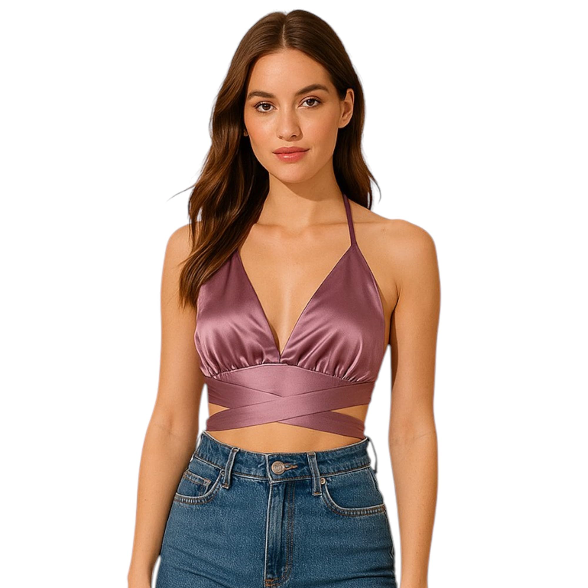 Bralette Top for Womens and Girls Adjustable Waist Wrap Tie Up Crop Top Bralette Free Size Sleeveless Top for Girls Purple-image-8