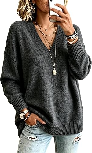 Womens Tops Long Sleeve V Neck Sweaters Knit Pullover Casual