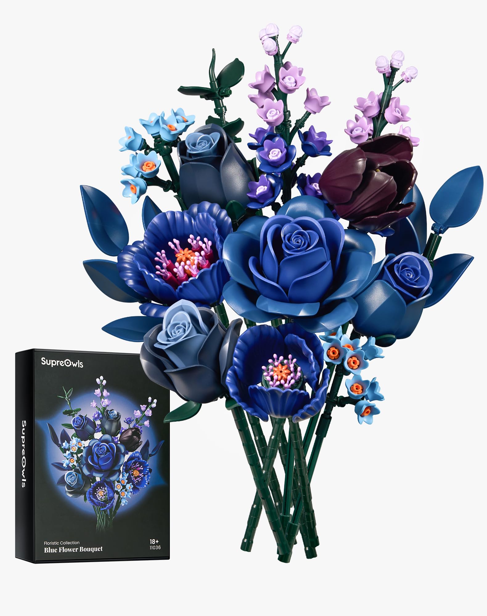 Edgebrix Blue Rose Bouquet Building Set Blue Artificial Roses Gifts for Him Her on Birthday, Anniversary, Halloween, Christmas,Home Decor