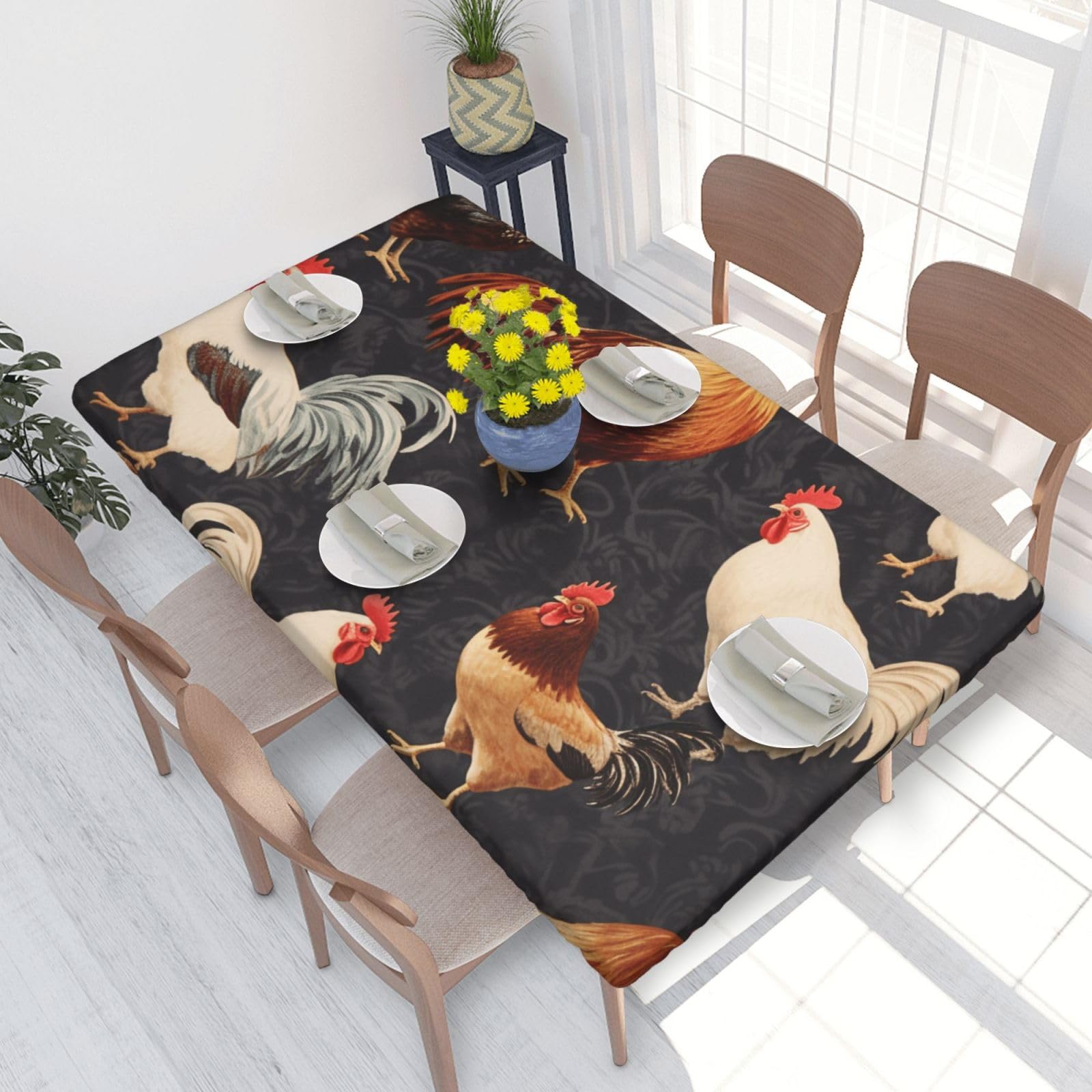 DCARSETCV French Roosters Printed 4FT Waterproof Tablecloth with Elastic Edged Protect & Decor Your Table, Oil-proof Washable Table Cloth Cover for Dinner Picnic Party