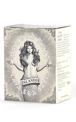 Nordur salt, Arctic Sea Salt Flakes sabor a lava. Caja de cartón de 3.5 onzas Sal de escamas islandesa premium, cristales piramidales, sostenible,