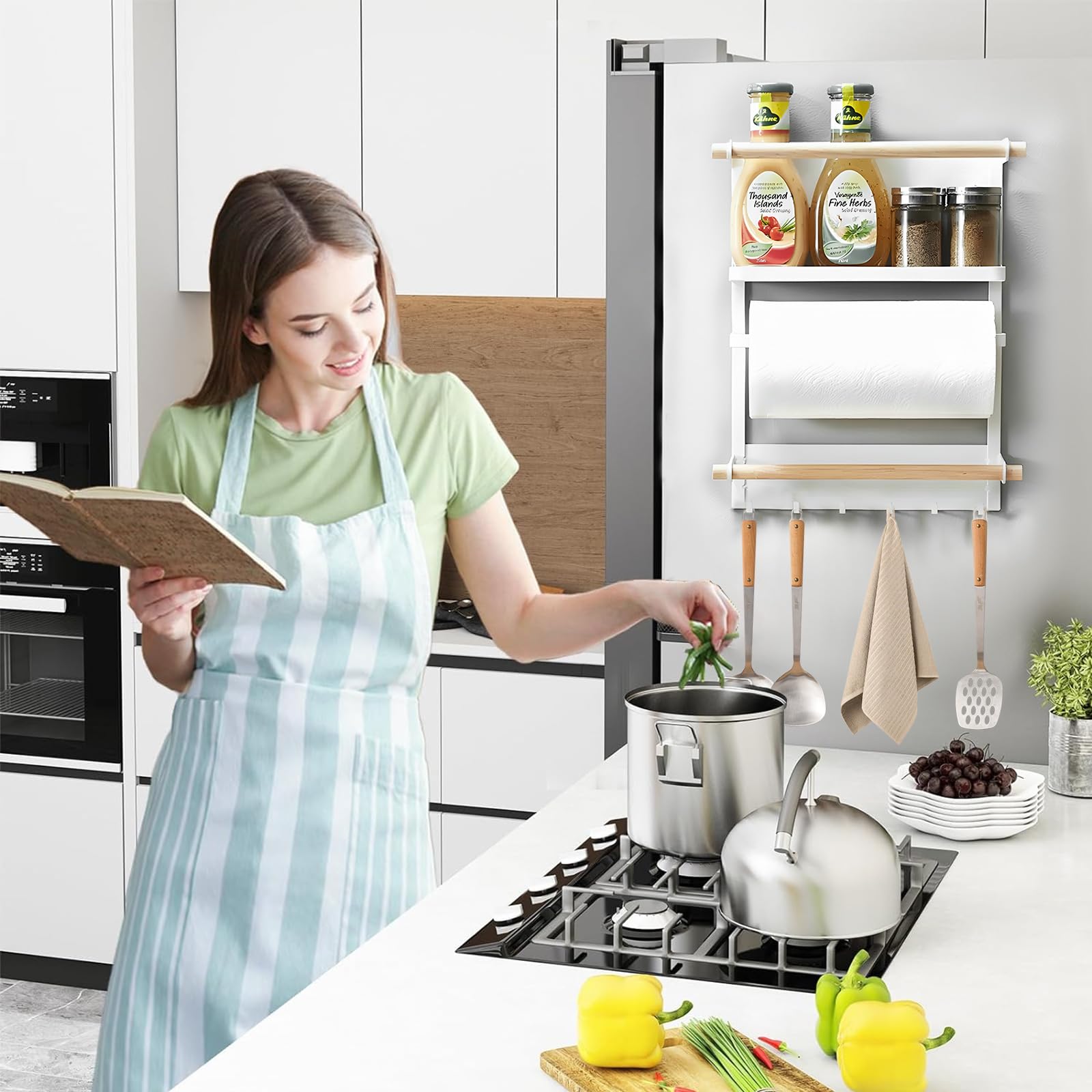 Mensola Magnetica Porta Spezie per Frigorifero – Organizer da Cucina a 3 Ripiani con 6 Ganci, Design in Legno – Scaffale per Spezie, Asciugamani, Barattoli e Carta da Cucina