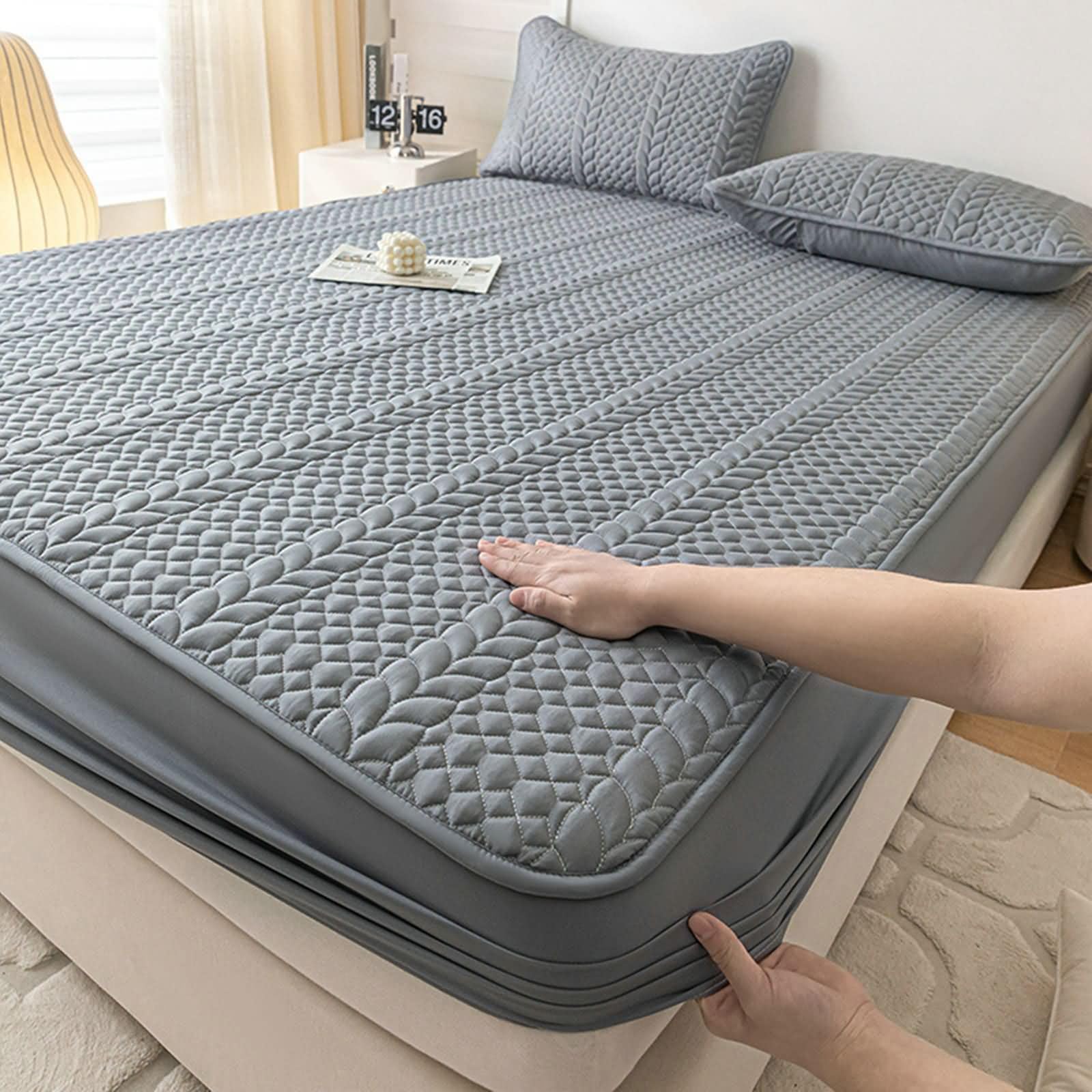 Set 2teilig Spannbettlaken Gewaschene Baumwolle, Einfarbig mit Weizen, 120 x 200 x 30 cm + 1 Kissenbezug, Spannbetttuch Dunkelgrau
