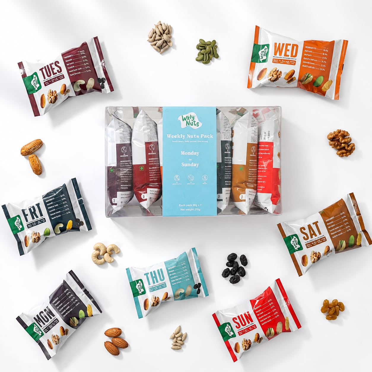 WKLY NUTS Weekly Pack | Daily Snack | 7 Days 7 Sachets 30g each | Dry Fruit & Nut Mix | Almonds, Walnuts, Cashews, Dry Dates, Pista | Sunflower Seeds | Pumpkin Seeds | Naturally rich in Omega-3 | Daily Nutrition-image-20