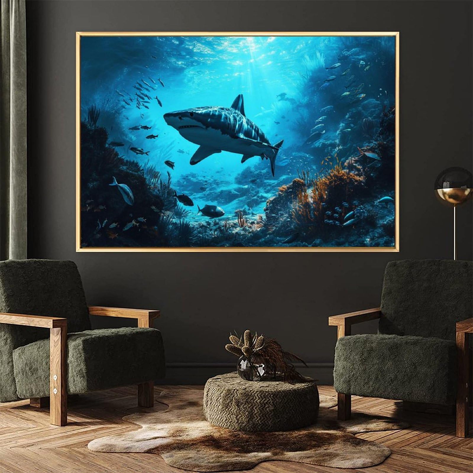 Amazon.co.jp: 絵画 海の底の魚とサメの群れインテリア 絵画 超リアル