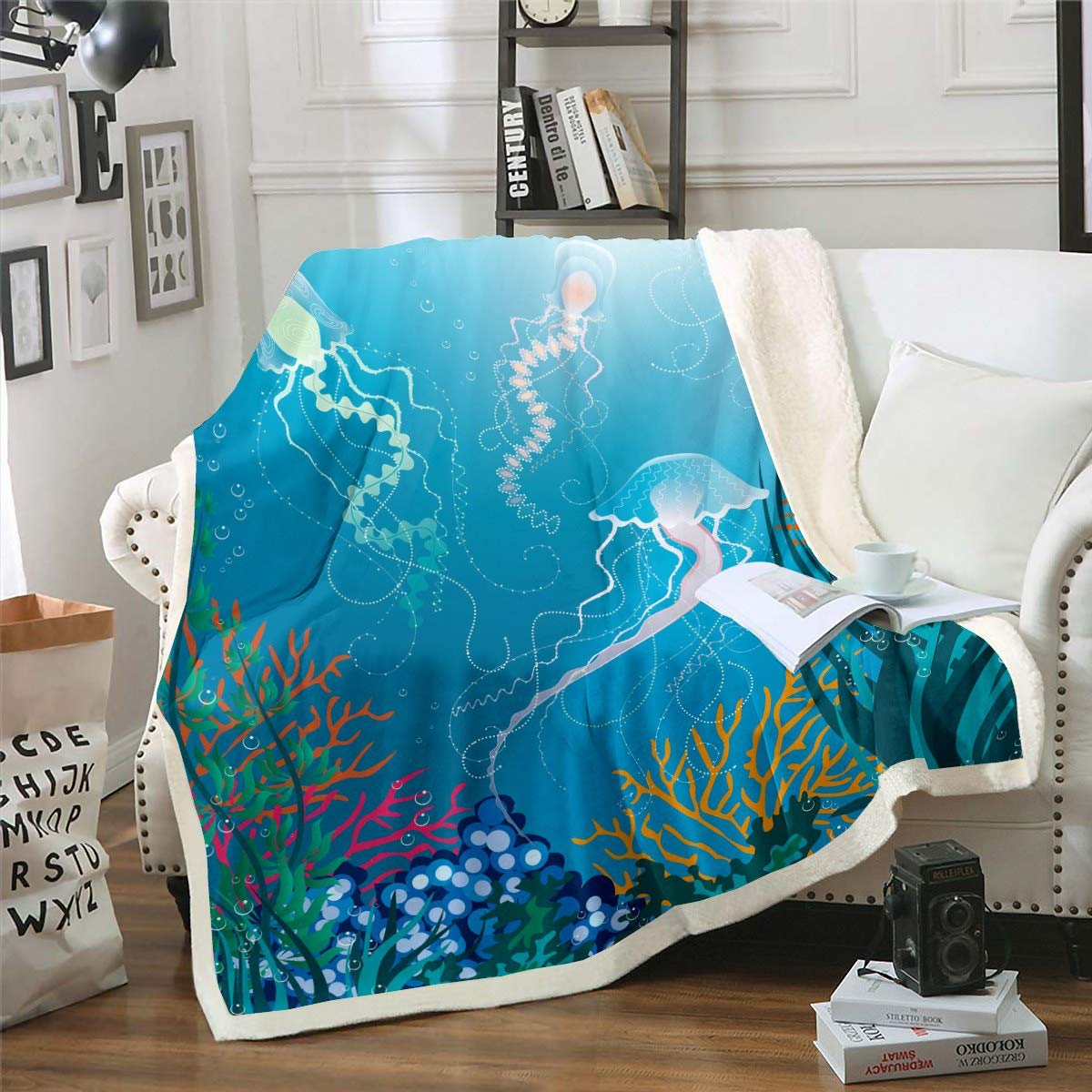 Loussiesd Boys Colour 8 Jellyfish Fleece Blankets Marine Ocean For Kids Girls Sea Animal Print Tapestries Underwater World Throw Blanket,Room Decor Sherpa Blanket Baby 30"X40"