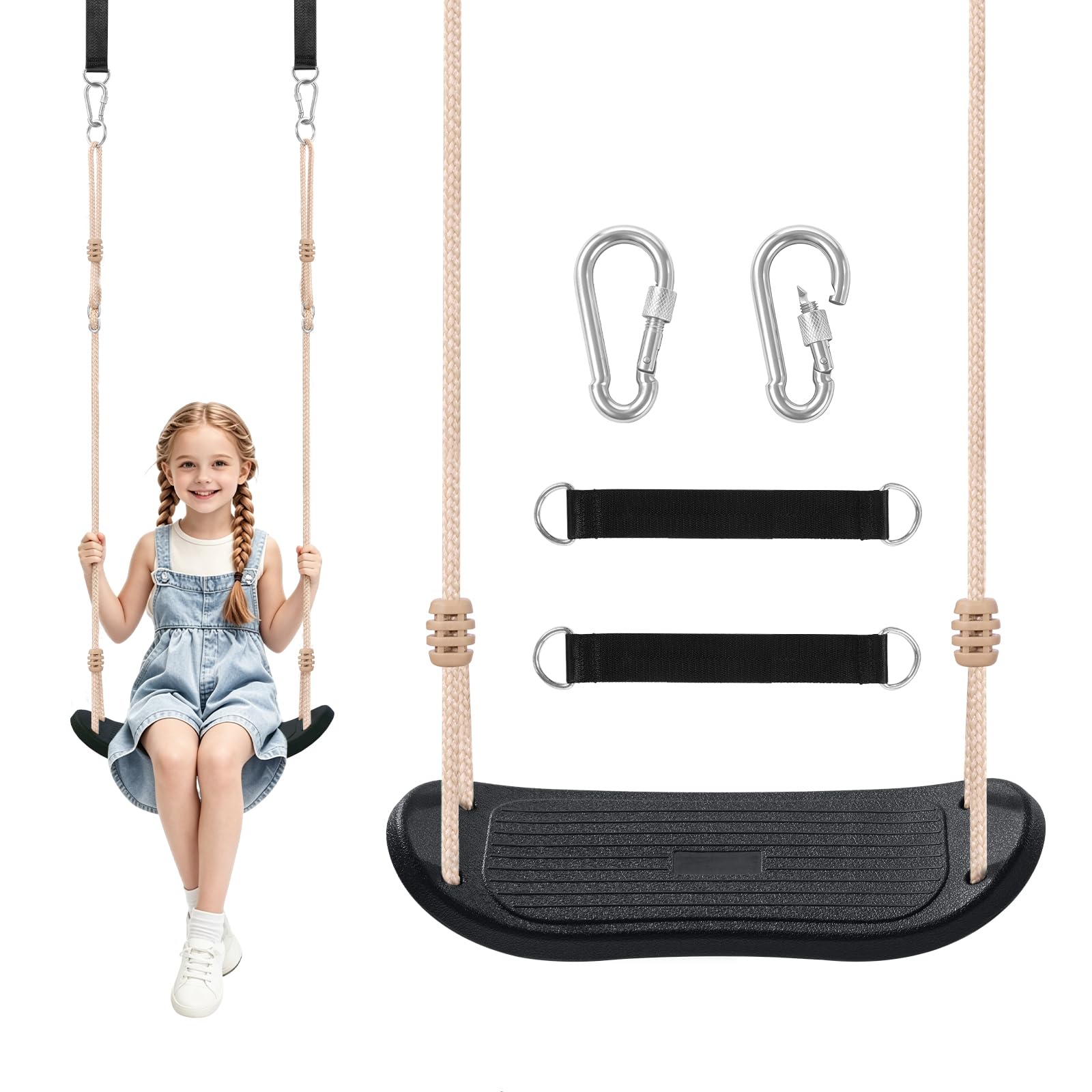 Ergonomische Schaukel, Höhenverstellbare Kinderschaukel bis 120kg, Wetterfester & Rutschfester Schaukelsitz, inkl. Baumgurten & Karabiner, Schwarz