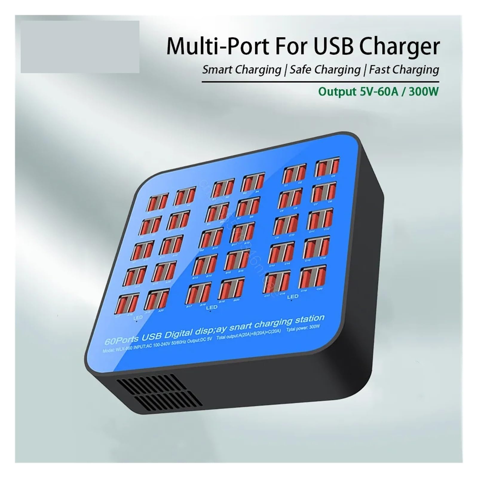 Adattatore for caricabatterie USB da 300 W/200 W/100 W 10/20/40/60 porte HUB multifunzionale stazione di ricarica presa dock Compatibilità universale(60Port 300W Blue)