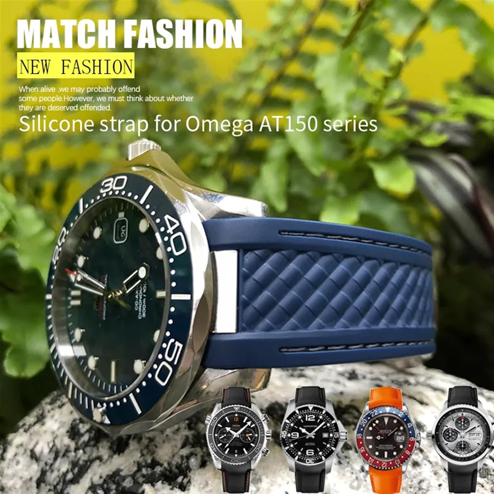 Zakrzywiony gumowy pasek do zegarka 19 mm 20 mm 21 mm pasuje do Omega AT150 Seamaster 300 AQUA TERRA bransoletki do nurkowania czarny niebieski silikonowy pasek do zegarka