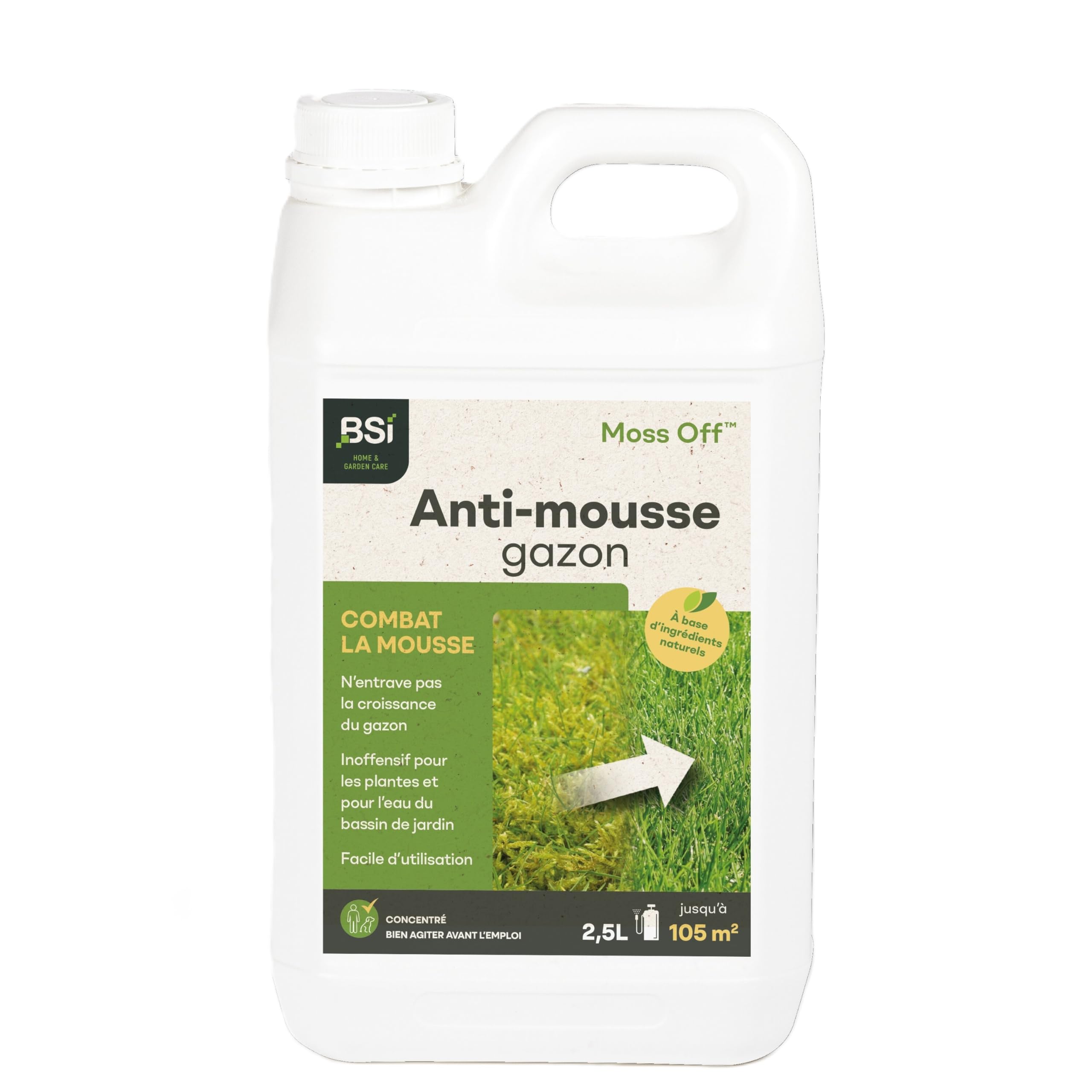 BSI - Soin Naturel - Moss Off - Pour Le Gazon - 2.5L - Action Rapide Sur Mousse Lichen Algues - Concentré - Couvre 105 m² De Surface