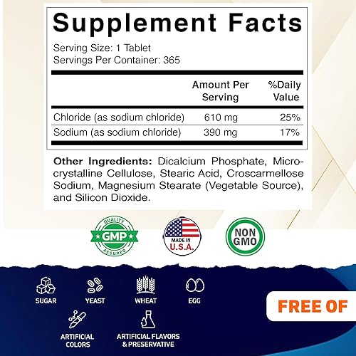 Miniatura 2 de Vitamatic Cloruro de Sodio 1000mg – 365 Tabletas Reponedor de Electrolitos y Soporte de Hidratación – Sin OGM, Sin Gluten