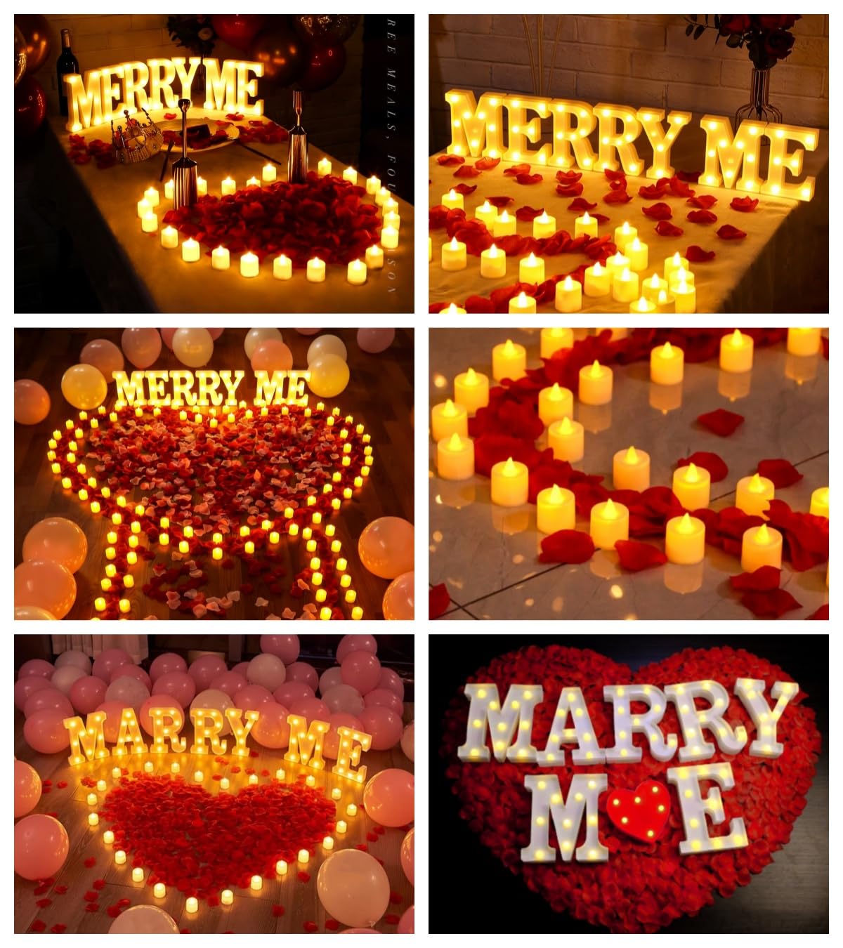 2031Pcs MARRY ME Leuchtbuchstaben als Dekoration für Heiratsanträge, Heiratsantrag Deko mit MARRY ME-Schild+24 Flammenlosen Herzkerzen+2000 Rosenblättern für Verlobung deko Romantische Nachtdekoration