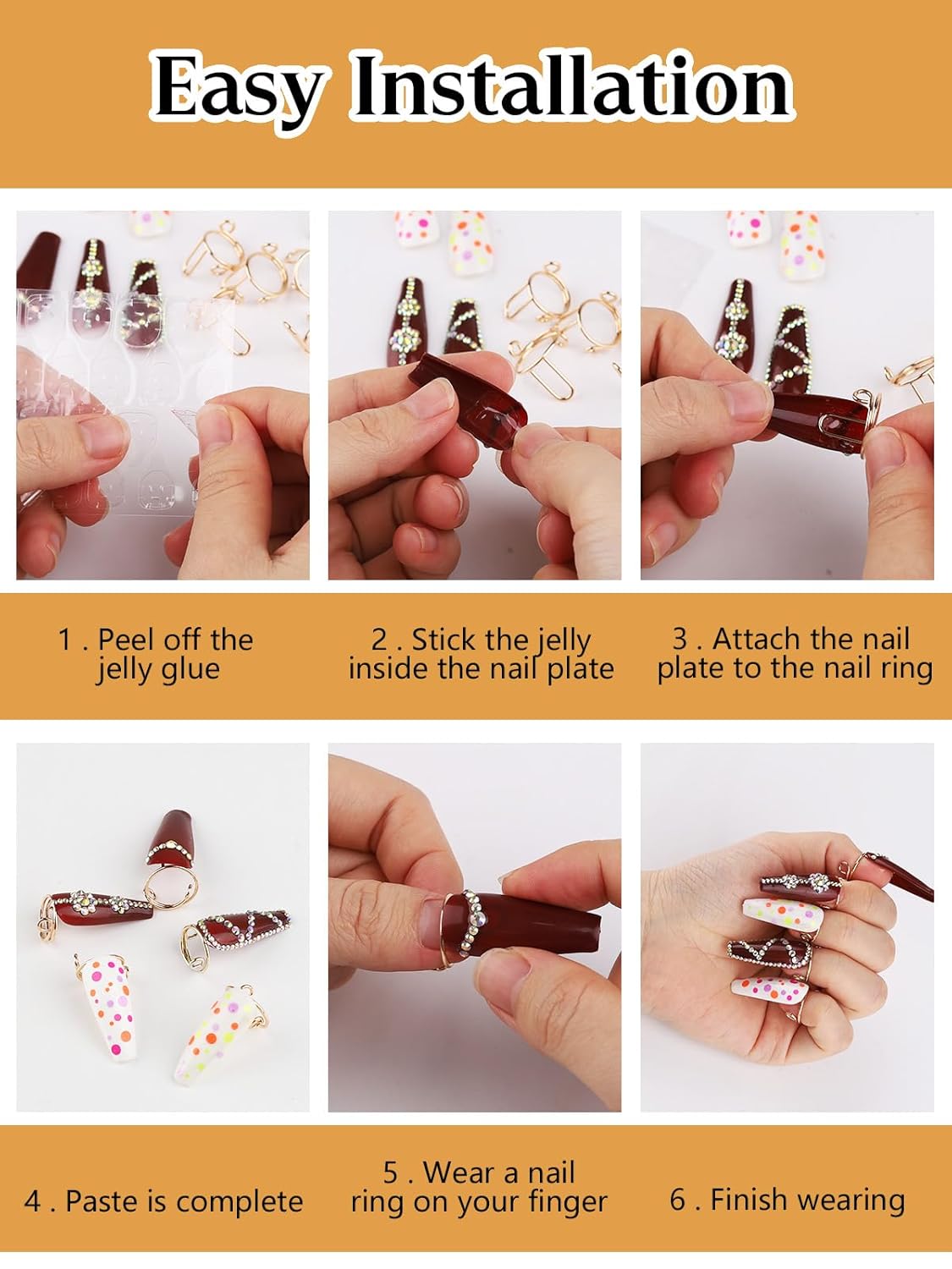 40PCS Wudu Nail Rings, EBANKU Adjustable Nail Rings Reusable Detachable Women Ring Set with Adhesive Nail Tabs for Acrylic Nail Art Decoration Gift - Gold