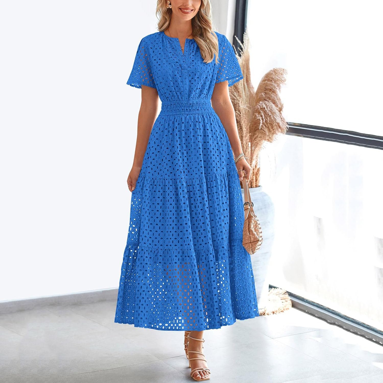 Vestidos de Verano, Vestido de Manga Corta con Ojales, Cuello en V,Vestidos playeros Largos y fluidos, Estilo Bohemio, Elegante, Informal, Largo, con Bolsillos, Vestido de Verano Informal.