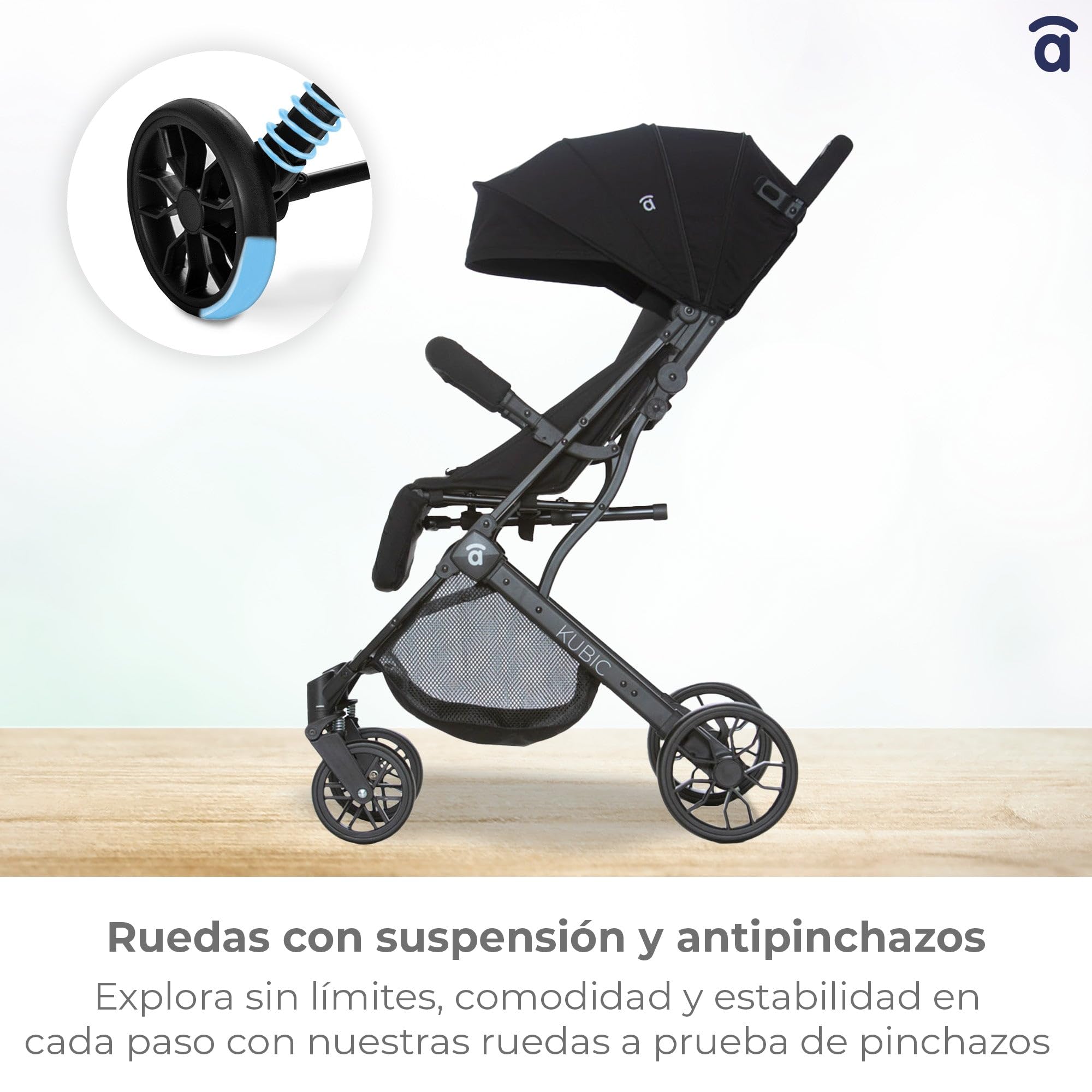 Asalvo KUBIC 2 Silla de paseo, Carrito Bebé, Ligera, Compacta, Plegado con una Mano, Ruedas Grandes, Amortiguación, Reclinable, Apta Cabina, SPF50+, Asa Trolley, Carga máxima 23 kg, Negro