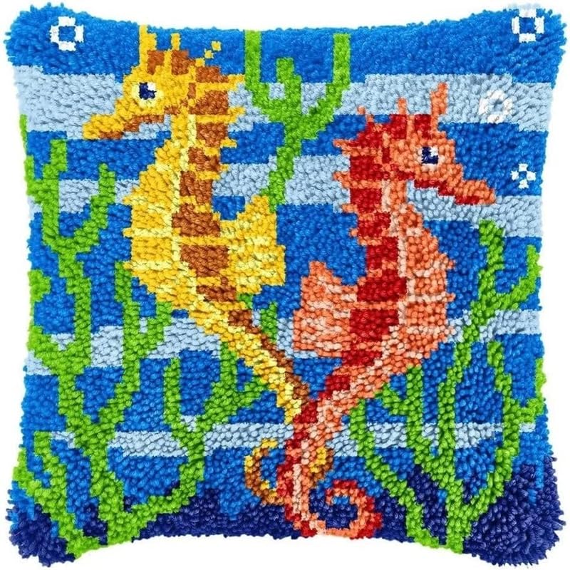 YEESAM ART Latch Hook Cushion Kits for Adults & Beginners, Seahorse Pre-Printed Latch Hooking Pillow Kit, DIY Embroidery Set Pillowcase for Home Sofa Decor Idea
