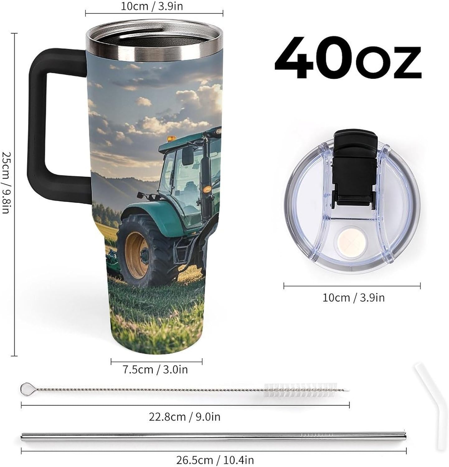 Tractor Agriculture Tranquil Travel Coffee Mug Reusable Durable Stainless Steel Insulated Tumbler with Handle And Straw Leak Resistant Portable Thermal Cup Gifts for Men Women 40 Oz