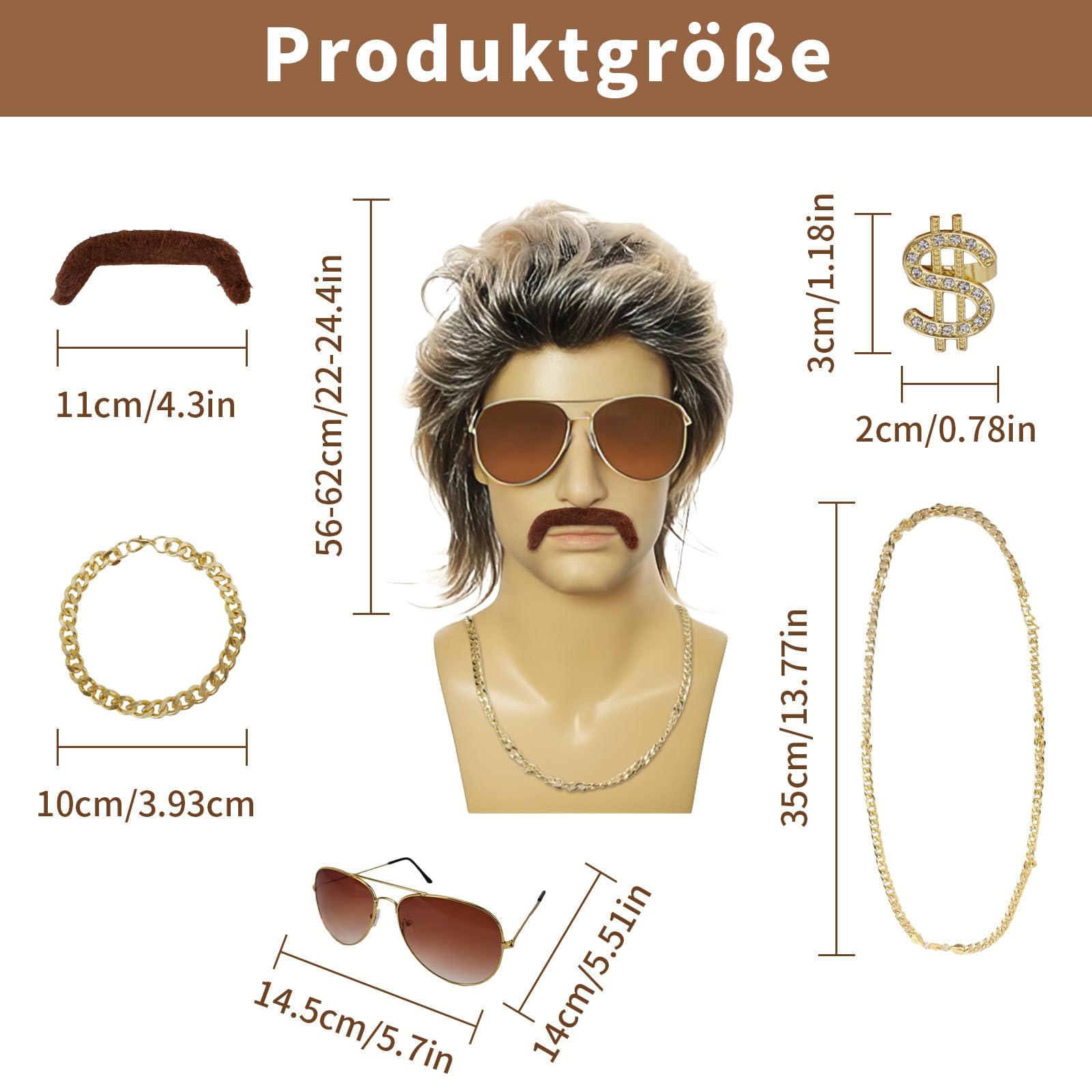 GADITIEK 80er Jahre Outfit Herren 6er Set, Vokuhila Perücke Herren, 80er Jahre Accessoires Männer, 70er 80er 90er Zuhälter Kostüm Disco Party Kleidung