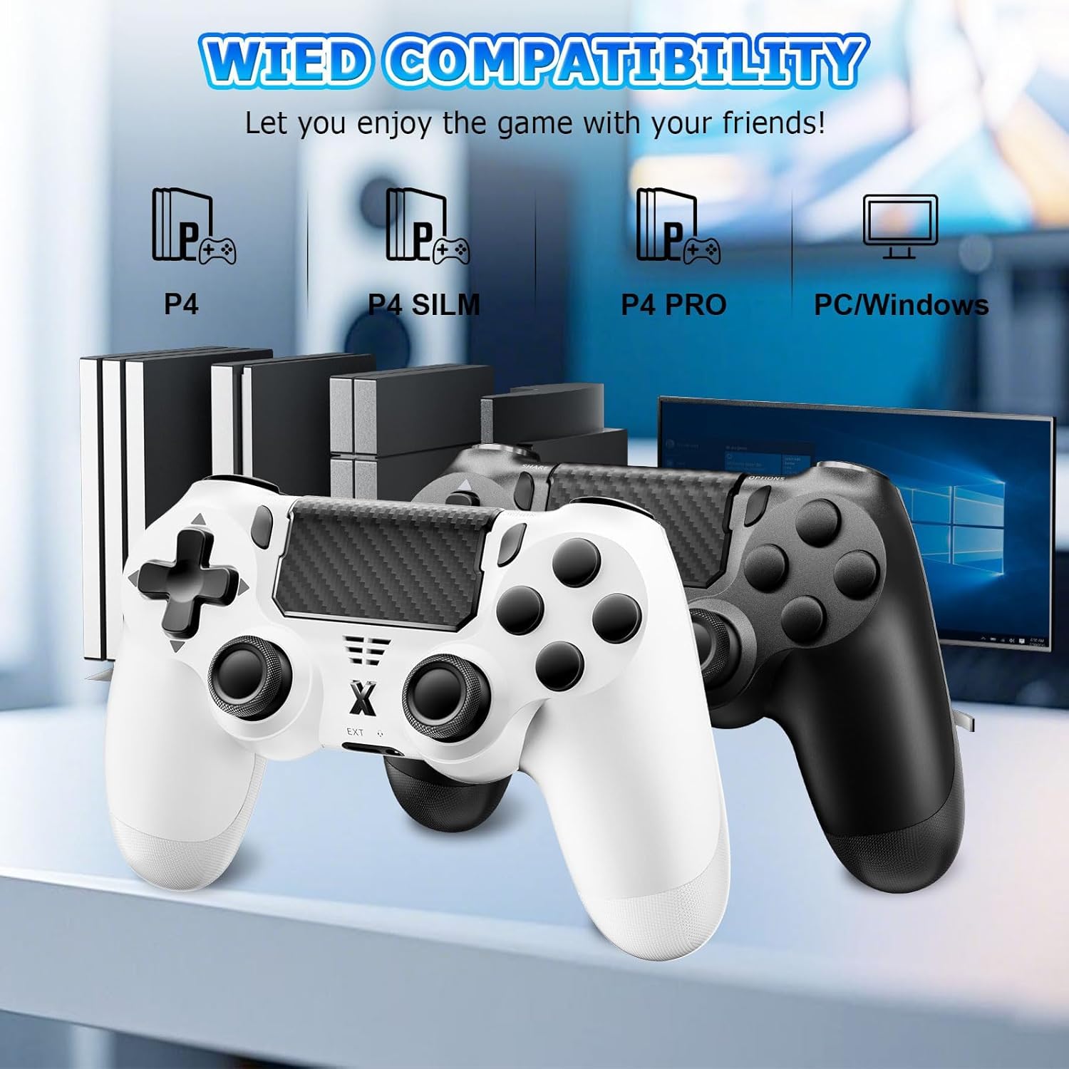 Hycago 2PCS Manette sans pour PS-4, manette de jeu compatible avec PS-4/Slim/Pro, manette de jeu Bluetooth avec double vibration/écran tactile, capteur gyroscopique à 6 axes (Noir+Blanc)
