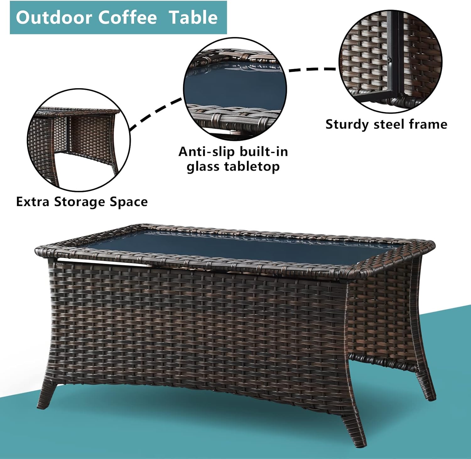 HUMMUH Outdoor Coffee Table Patio Rattan Patio Side Table Built-in Black Glass Top PE Wicker Rectangle Sofa Table Dark Brown