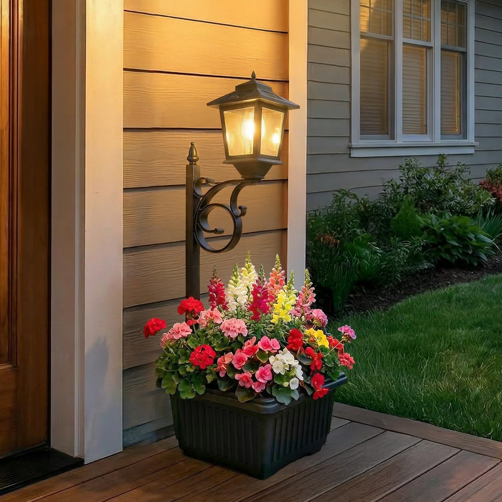 PASAMIC 2 in 1 Outdoor Flower Pots for Real or Fake Flowers, Solar Lamp Post Lights - Wall Mount or Freestanding, Waterproof Decorative Lamp for Lawn, Patio, Front/Back Door