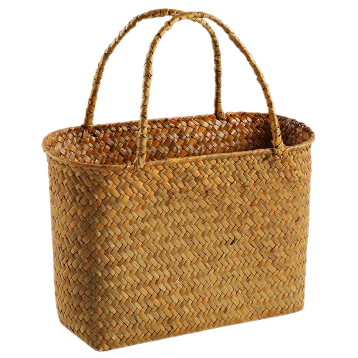 Happyyami Basket Woven Tote Bag Handmade Shopping Basket Grocery Bag Handle Kitchen Fruit Container