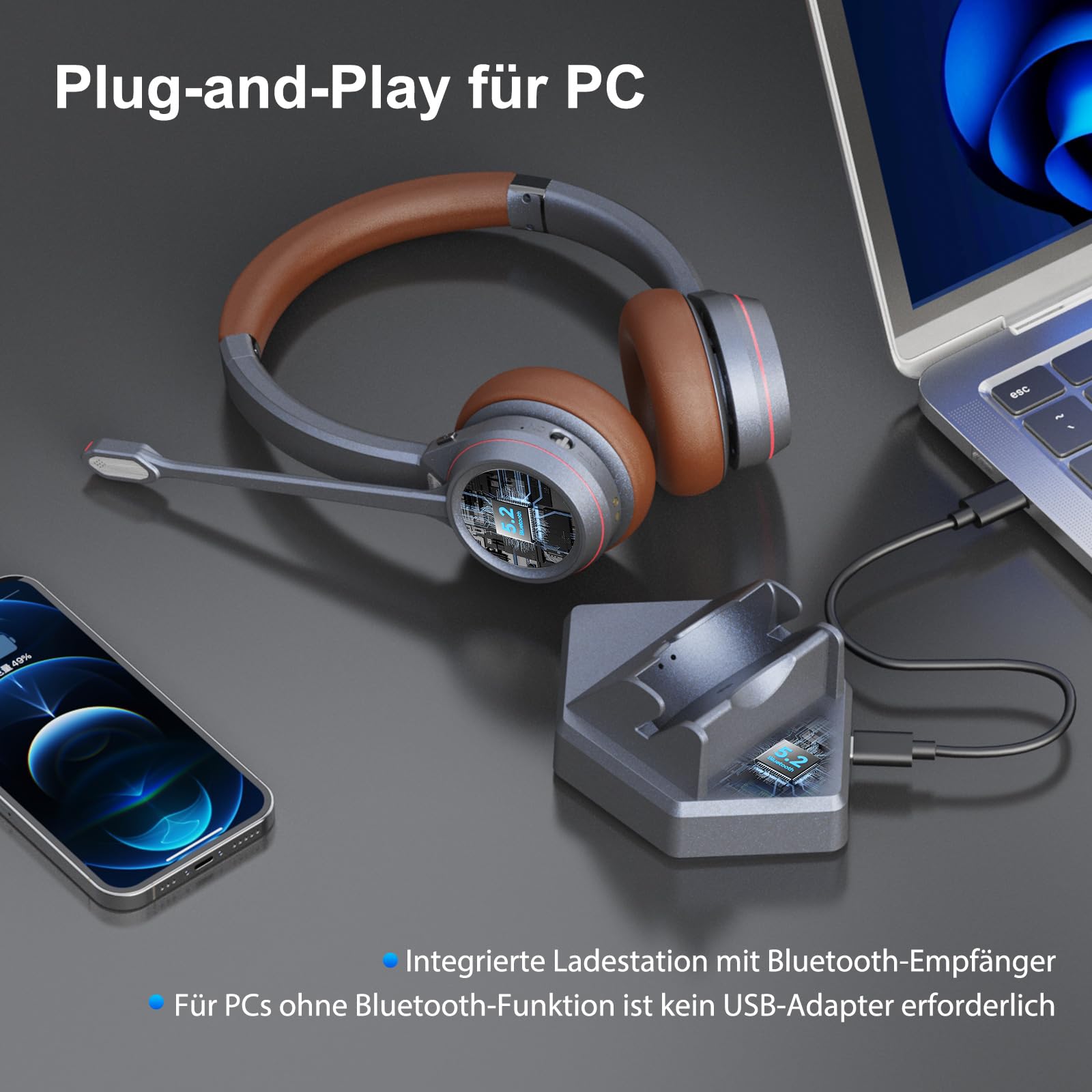 Bluetooth Headset mit Mikrofon, Wireless Headset mit Ladestation & USB Dongle für PC, 40 Stunden Sprechzeit Kabellos für Mac Computer Teams Zoom Laptop Büro Callcenter