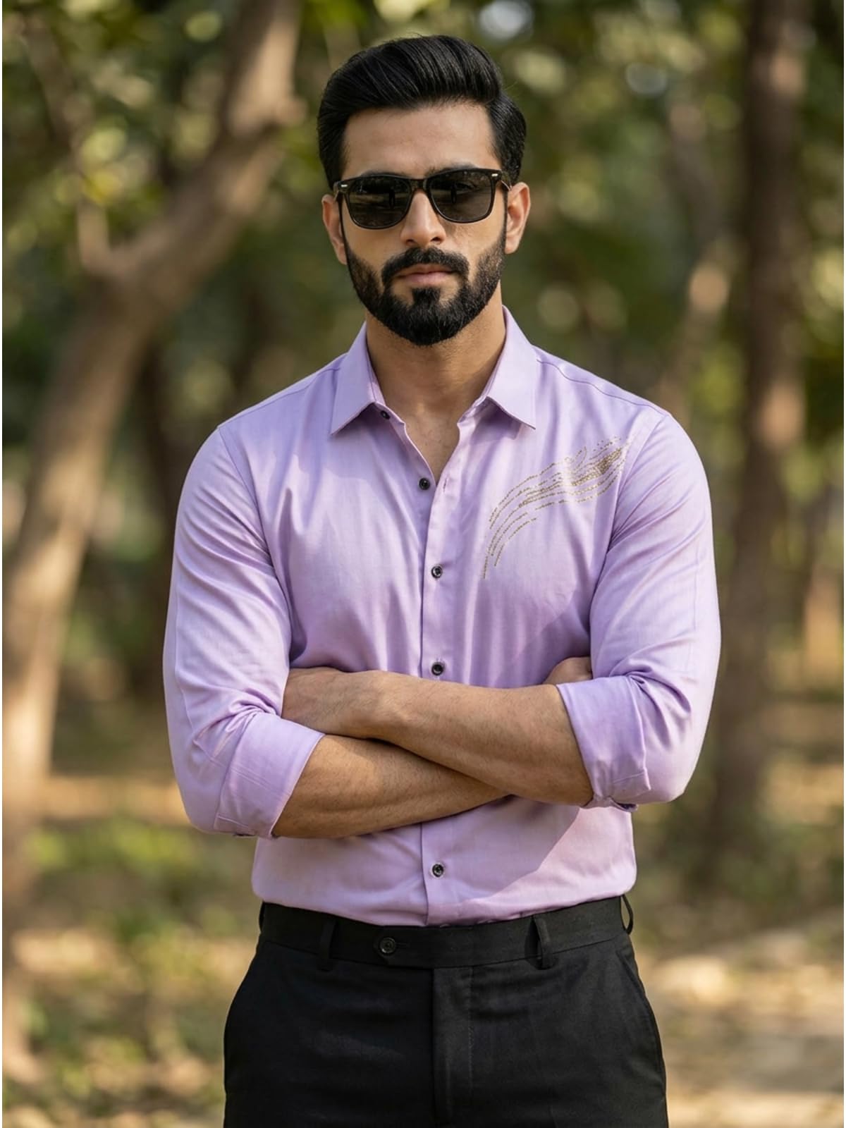 IndoPrimo Elegante camisa de satén para hombre, corte normal, estilo casual, estilo de diseñador, trabajo de piedra, fiesta, manga formal